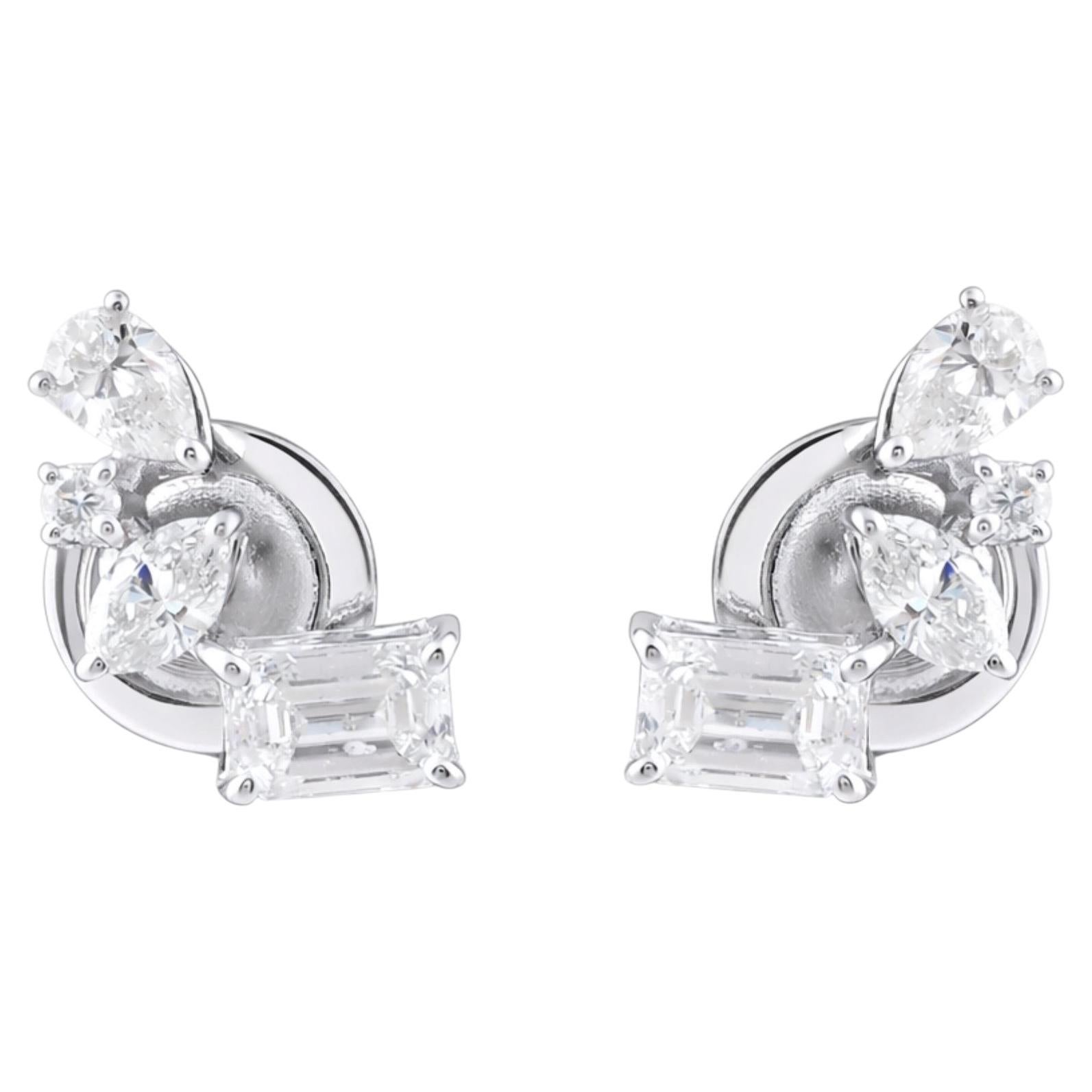Natural Diamond Cluster Stud Earrings 1.13 Carats in 18K White Gold Mixed Cut