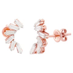 SI Clarity HI Color Baguette Diamond C-shape Curve Stud Earrings 18k Rose Gold