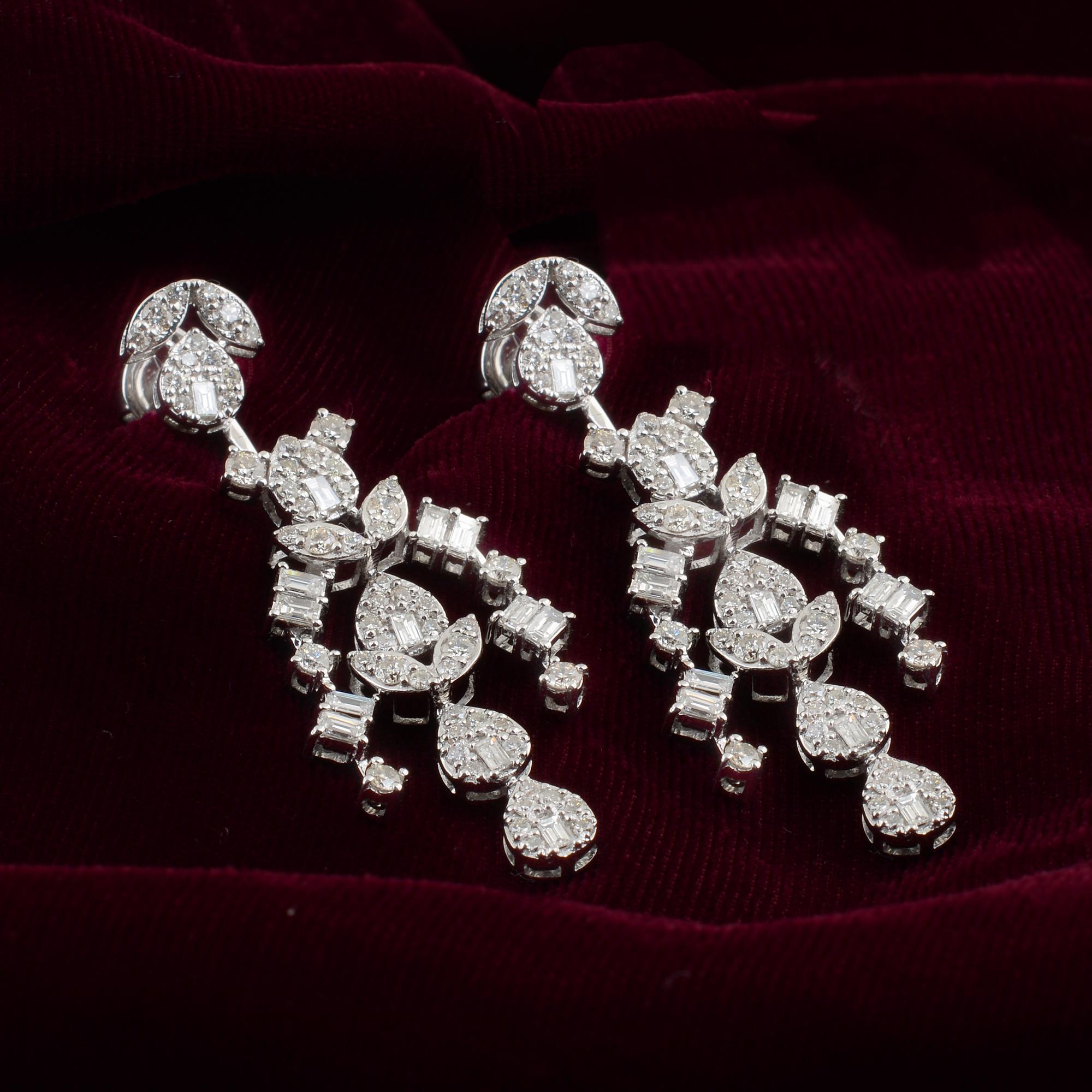 Modern SI Clarity HI Color Baguette Diamond Chandelier Earrings 14k White Gold Jewelry For Sale