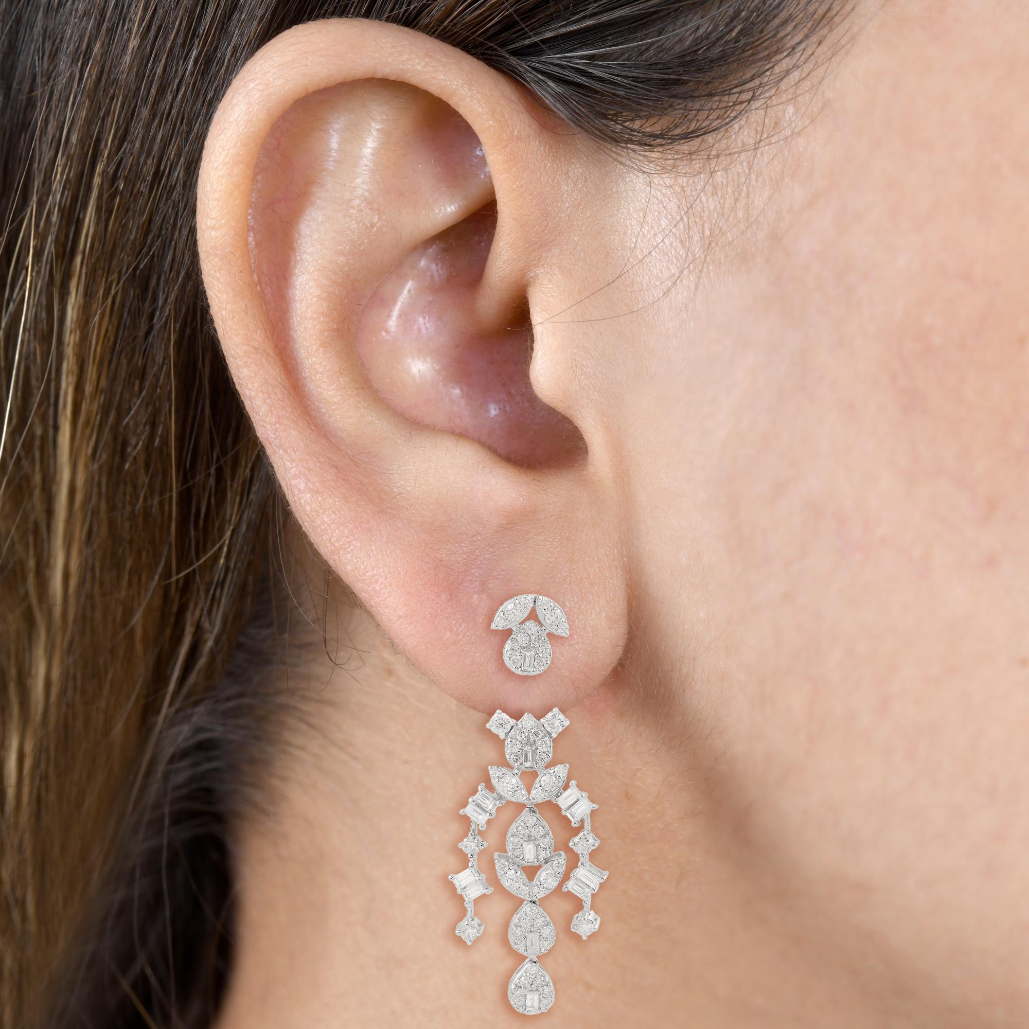 SI Reinheit HI Farbe Baguette Diamant-Kronleuchter-Ohrringe 14k Weißgold Schmuckstücke Damen im Angebot