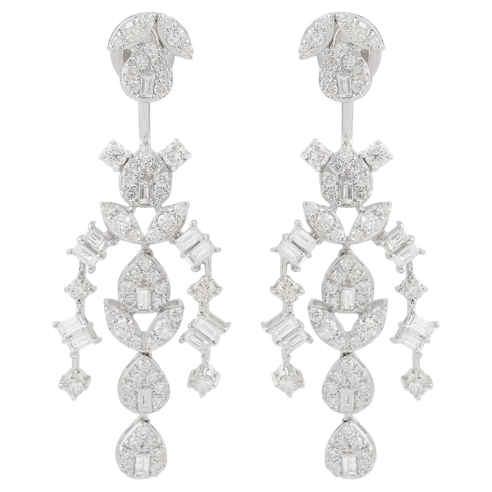 SI Clarity HI Color Baguette Diamond Chandelier Earrings 14k White Gold Jewelry