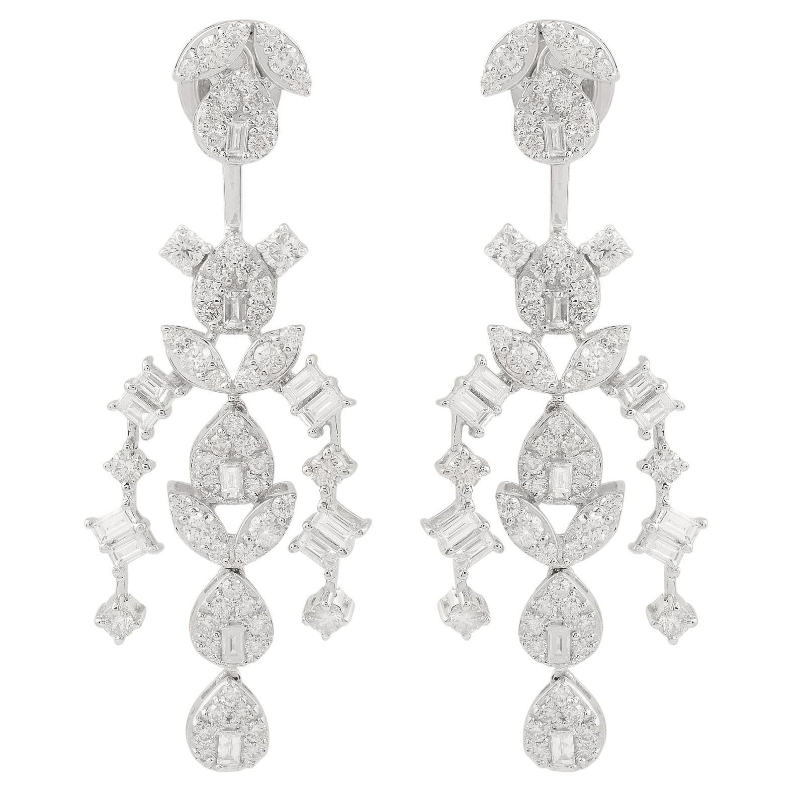 SI Clarity HI Color Baguette Diamond Chandelier Earrings 14k White Gold Jewelry For Sale