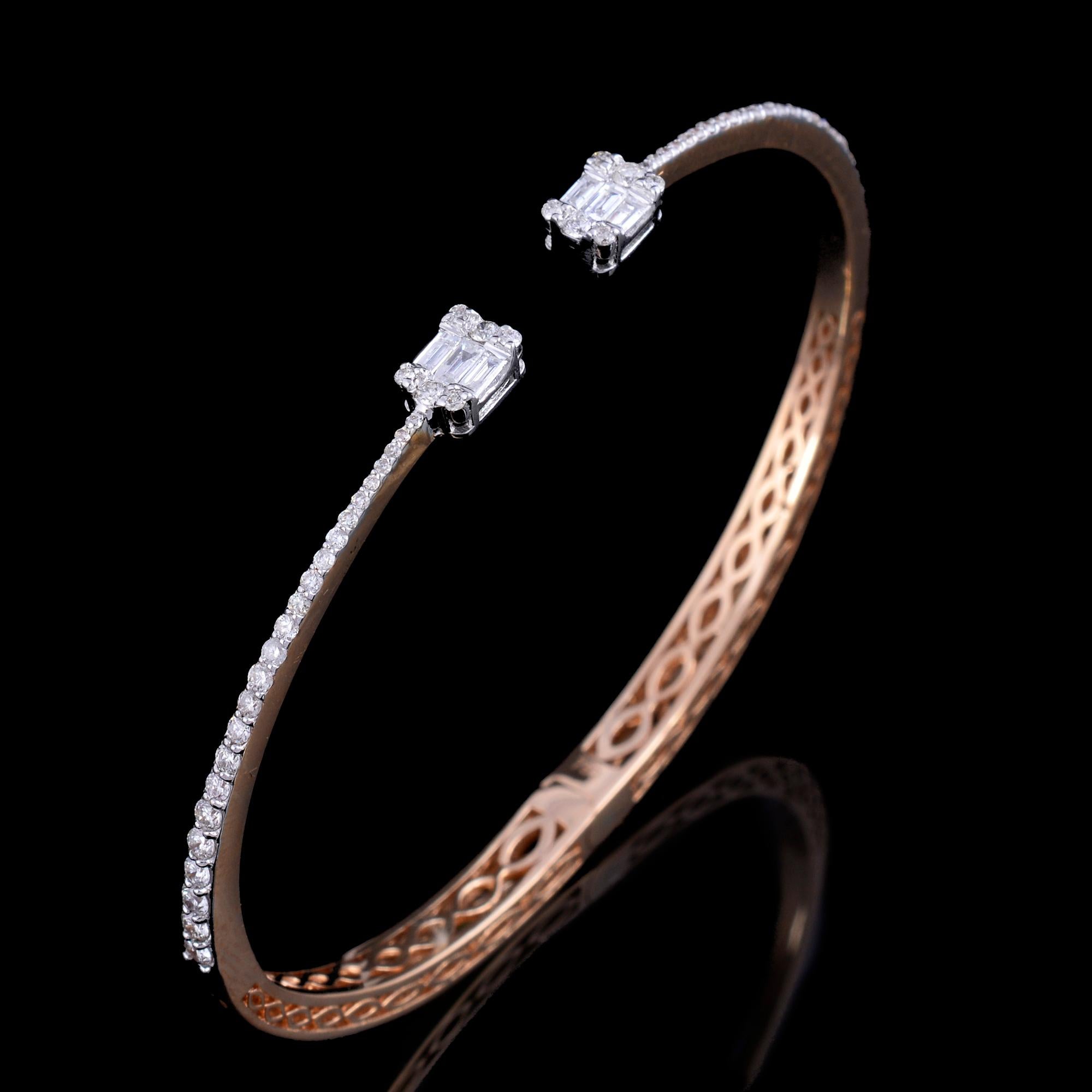 Modern SI Clarity HI Color Baguette Diamond Cuff Bangle Bracelet 18 Karat Rose Gold For Sale