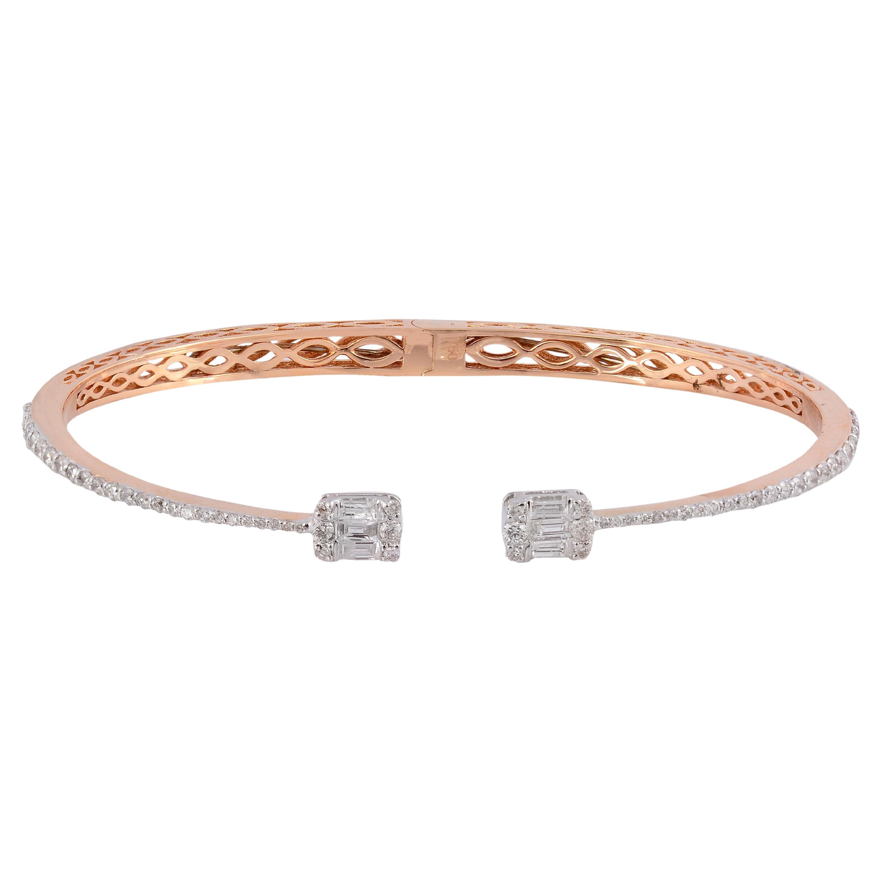 SI Clarity HI Color Baguette Diamond Cuff Bangle Bracelet 18 Karat Rose Gold For Sale