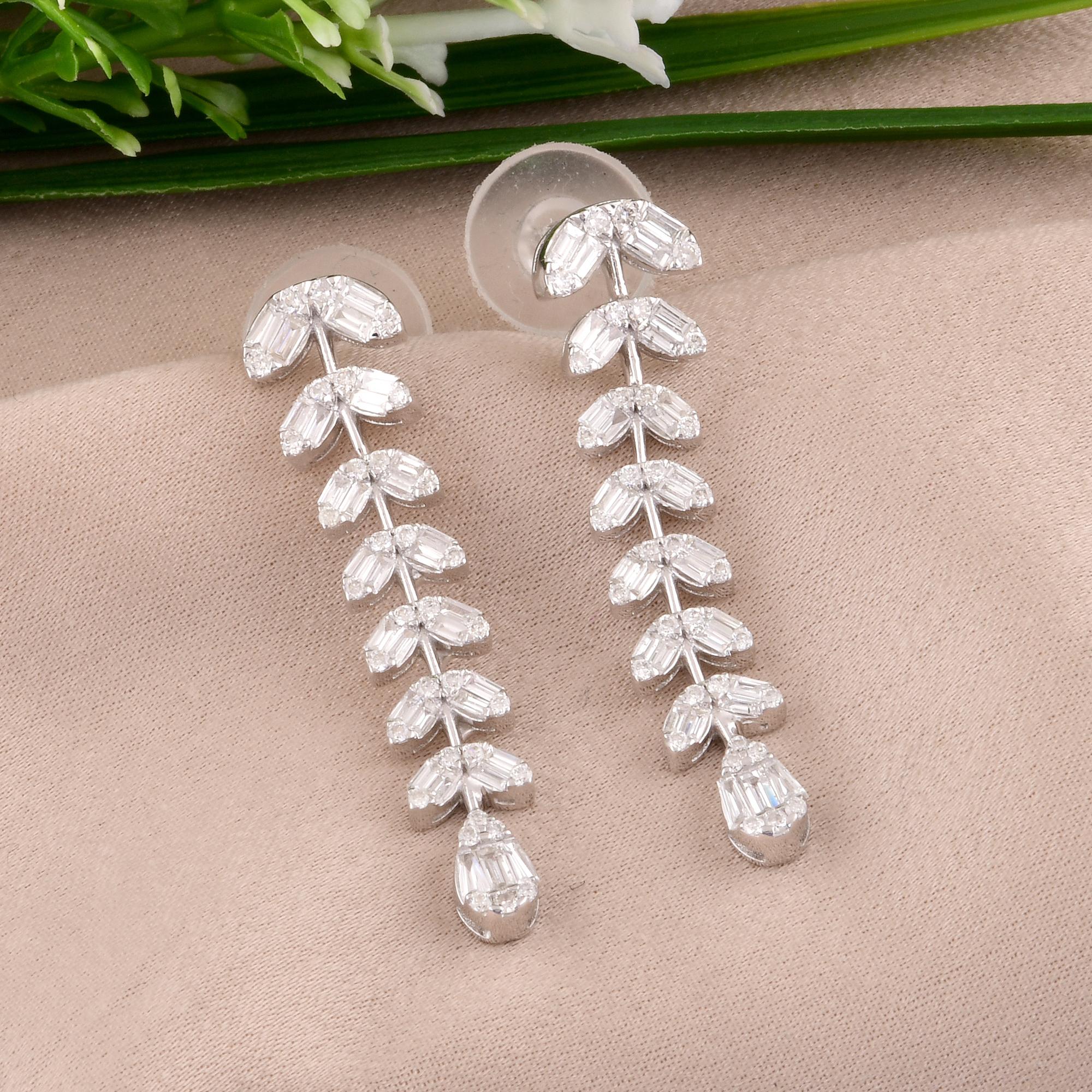 Modern SI Clarity HI Color Baguette Diamond Dangle Earrings 14 Karat White Gold Jewelry For Sale