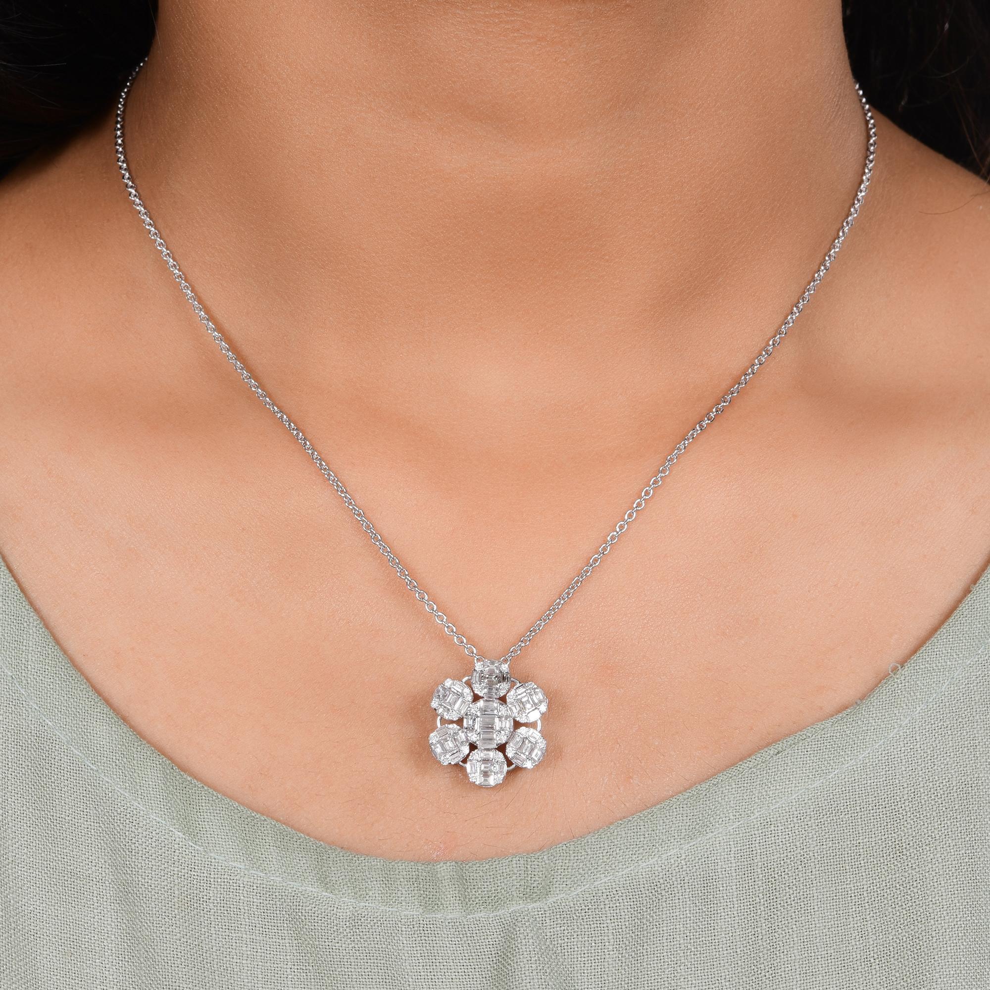 Modern SI Clarity HI Color Baguette Diamond Flower Pendant Necklace 14 Karat White Gold For Sale