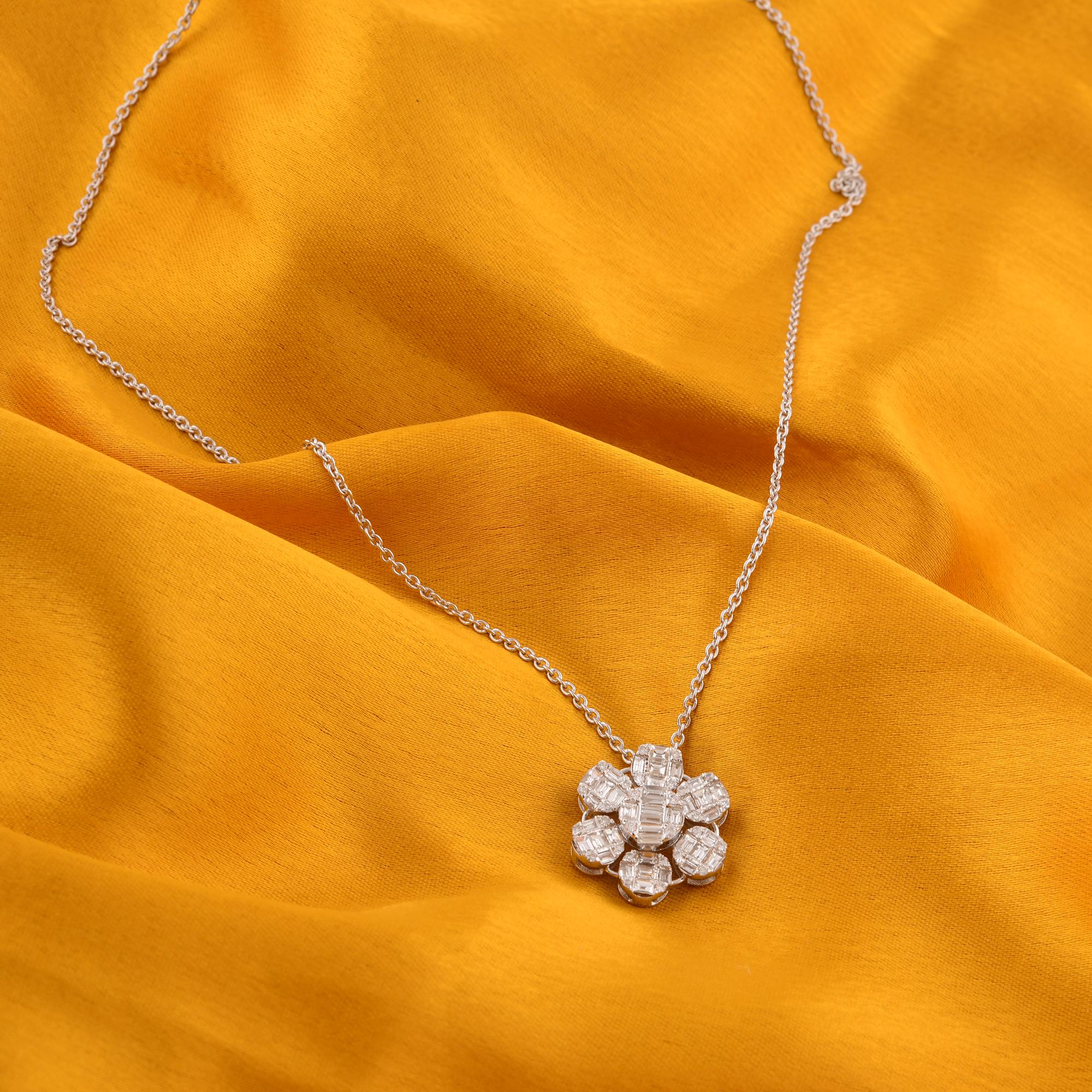Baguette Cut SI Clarity HI Color Baguette Diamond Flower Pendant Necklace 14 Karat White Gold For Sale
