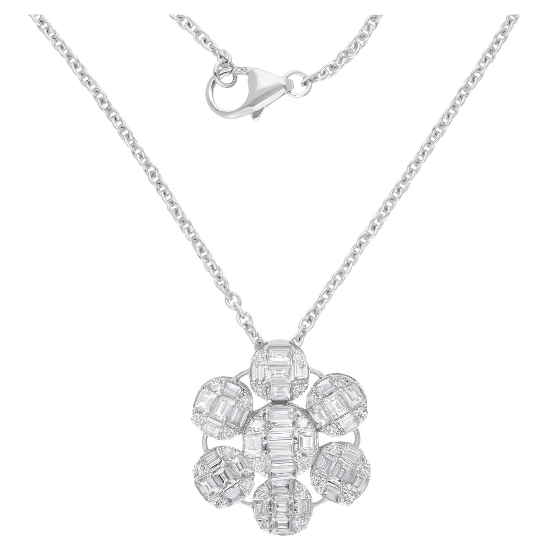 SI Clarity HI Color Baguette Diamond Flower Pendant Necklace 14 Karat White Gold For Sale
