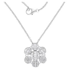 SI Clarity HI Color Baguette Diamond Flower Pendant Necklace 14 Karat White Gold