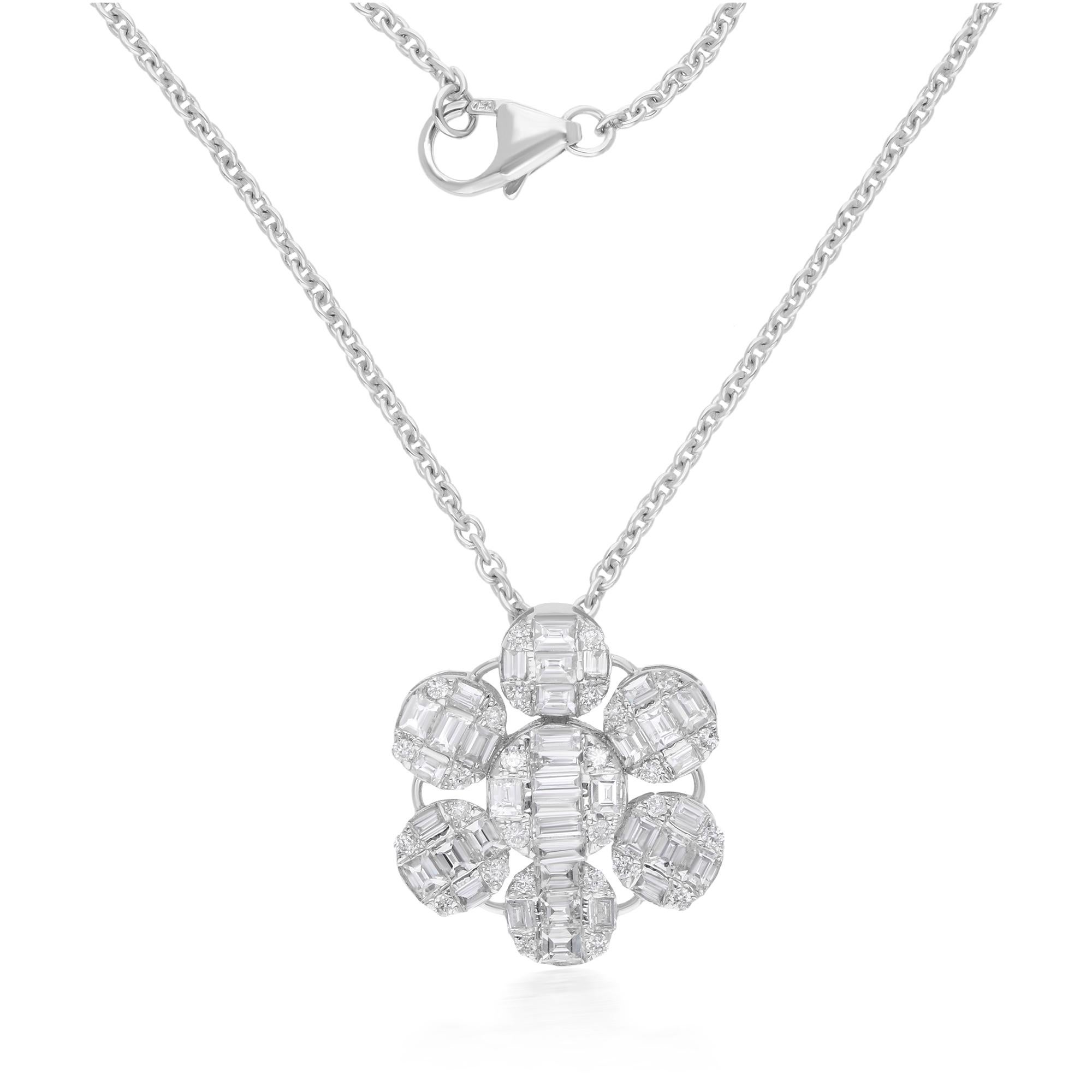 Collier pendentif fleur en or blanc 14 carats avec diamants baguettes de couleur SI Clarity HI
