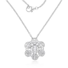 Collier pendentif fleur en or blanc 14 carats avec diamants baguettes de couleur SI Clarity HI