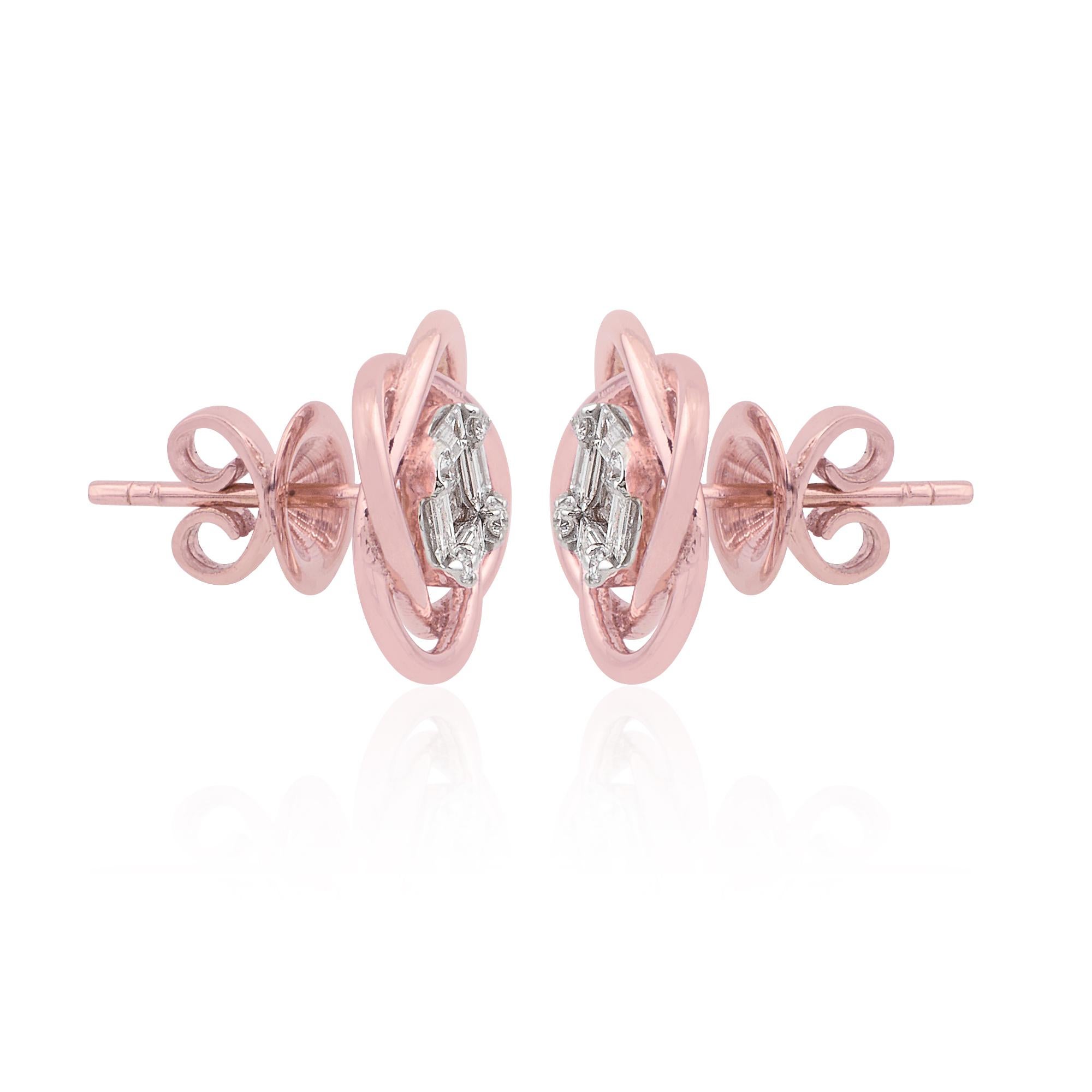 Modern SI Clarity HI Color Baguette Diamond Flower Stud Earrings 14k Rose Gold Jewelry For Sale