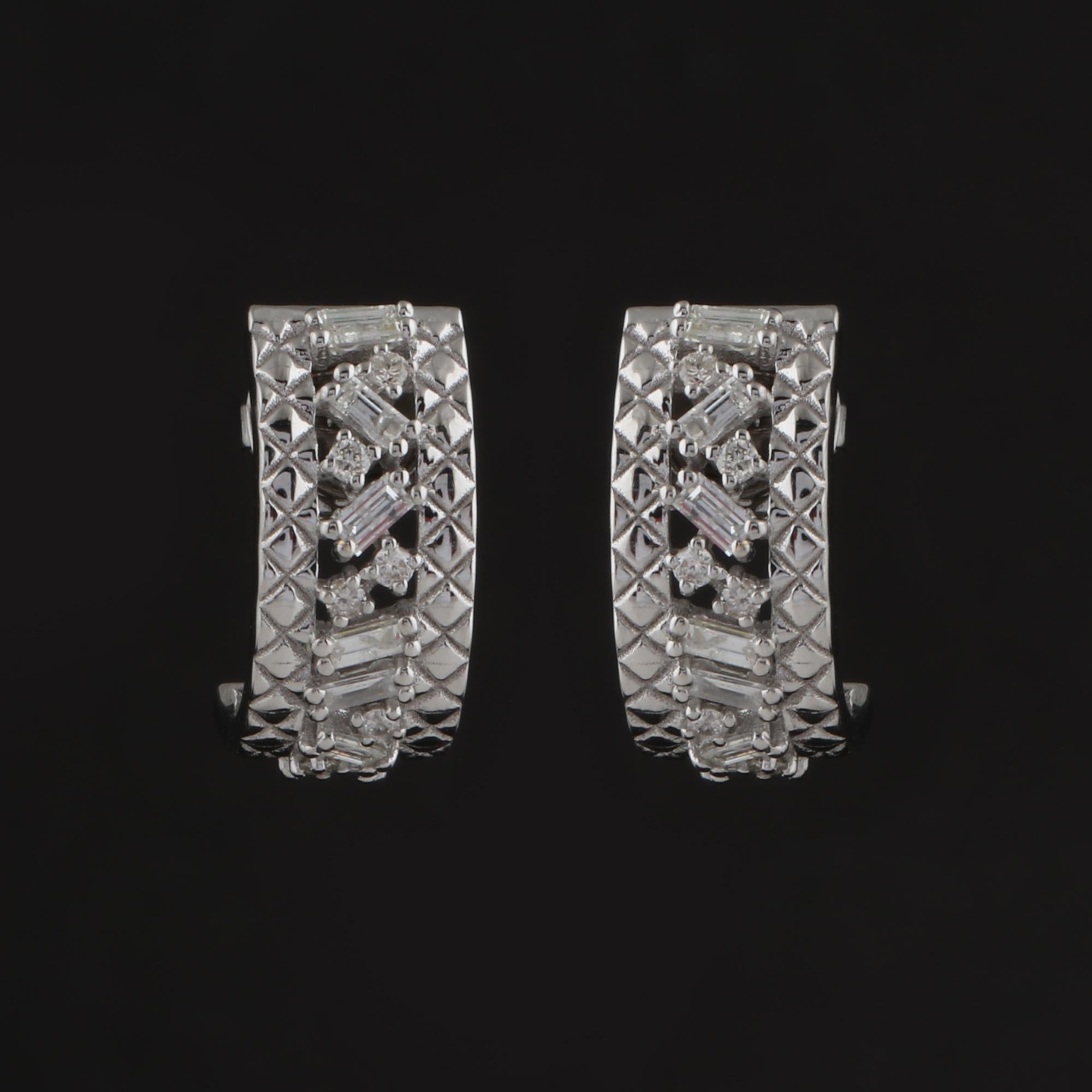 Modern SI Clarity HI Color Baguette Diamond Half Hoop Earrings 18 Karat White Gold For Sale