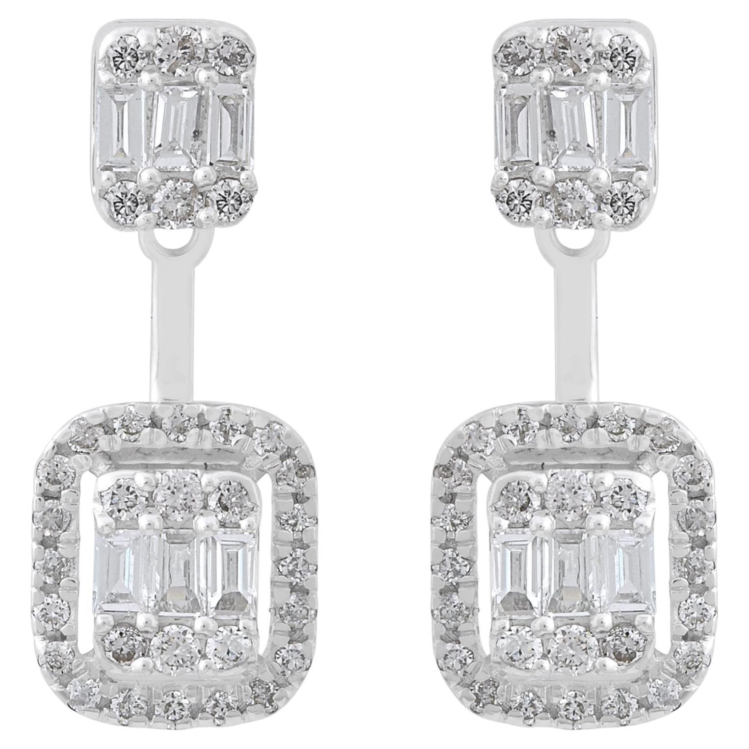 SI Clarity HI Color Baguette Diamond Jacket Earrings 14k White Gold Fine Jewelry en vente