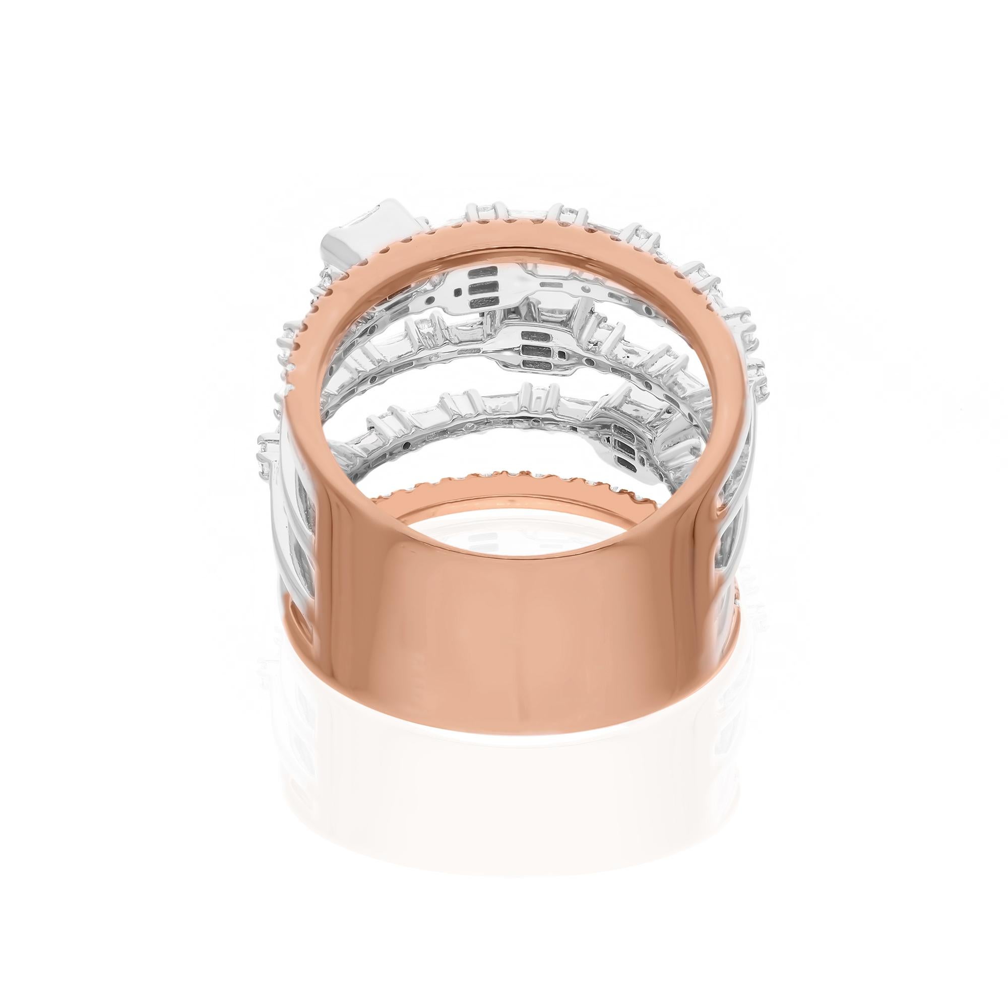 Modern SI Clarity HI Color Baguette Diamond Multi Band Ring 18 Karat White Rose Gold For Sale