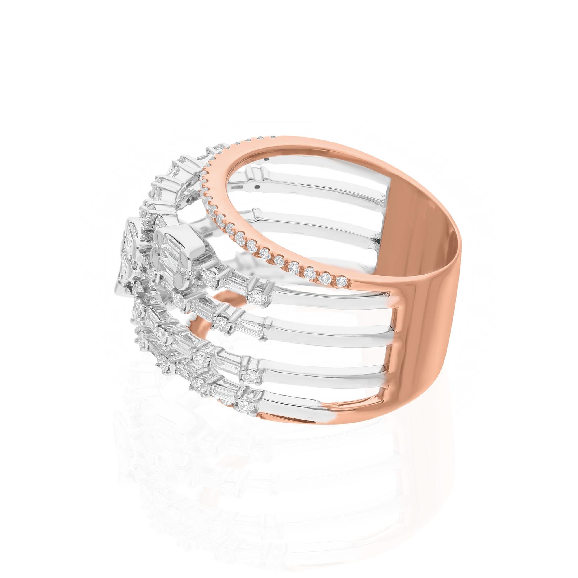Baguette Cut SI Clarity HI Color Baguette Diamond Multi Band Ring 18 Karat White Rose Gold For Sale