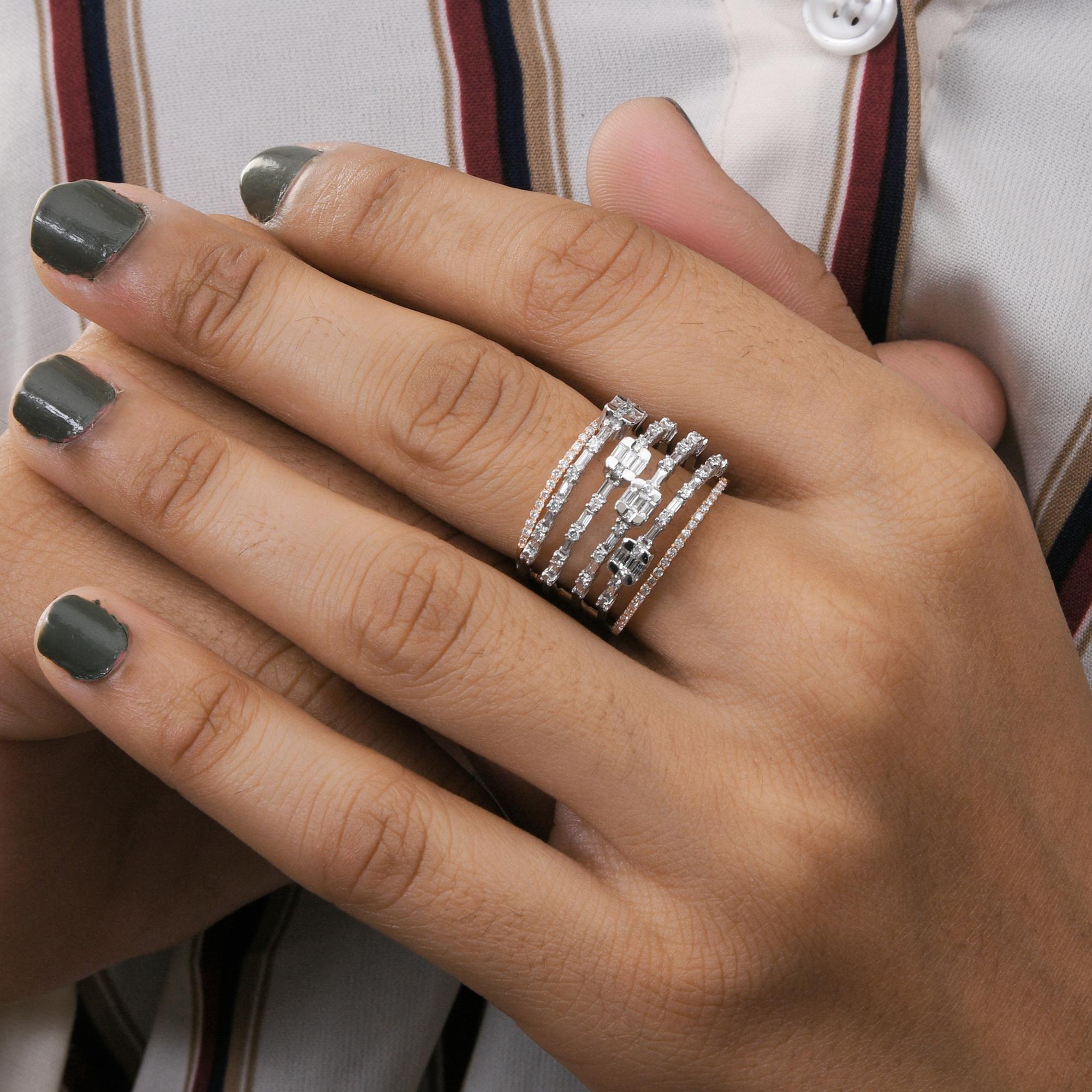SI Clarity HI Color Baguette Diamond Multi Band Ring 18 Karat White Rose Gold In New Condition For Sale In Diera, Dubai