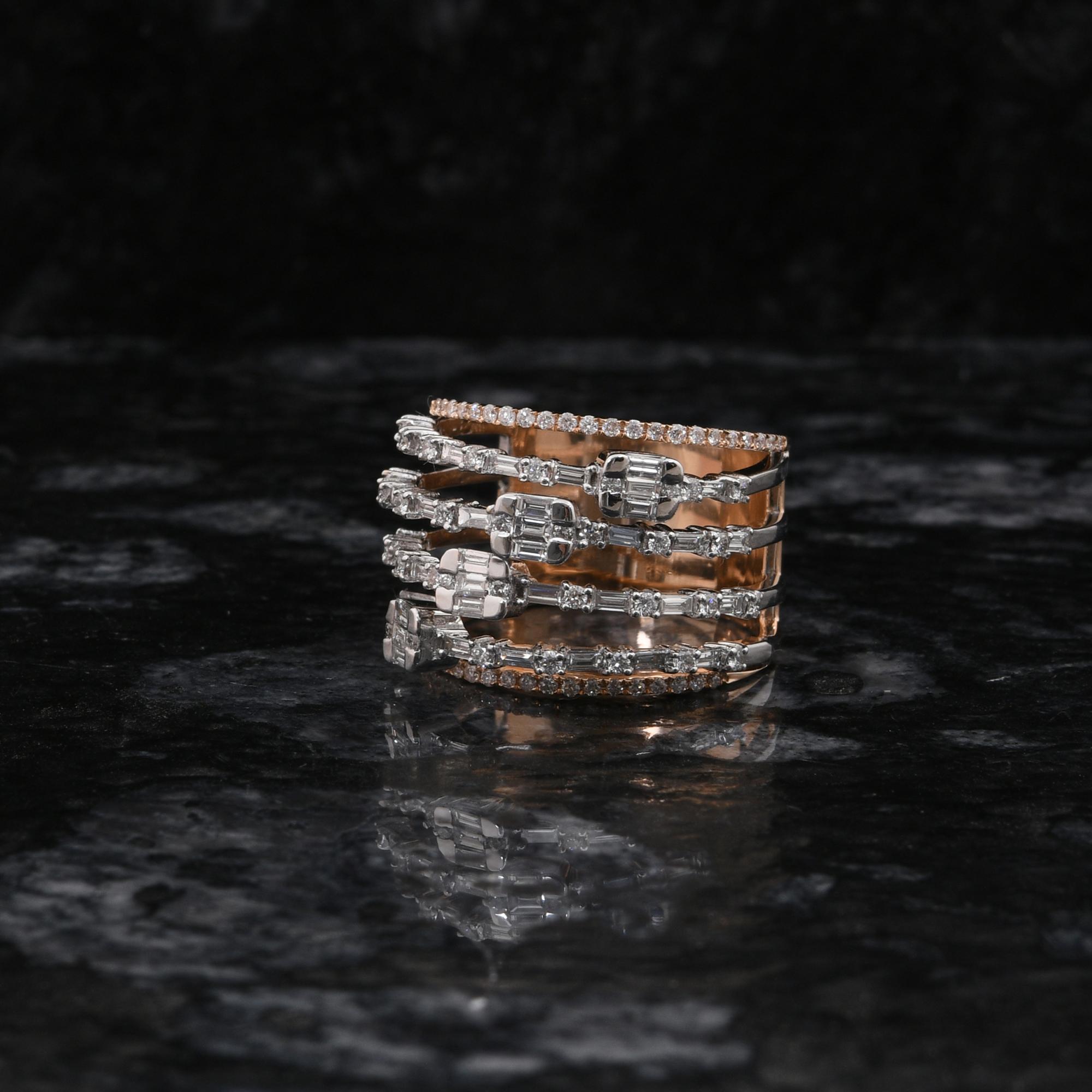 SI Clarity HI Color Baguette Diamond Multi Band Ring 18 Karat White Rose Gold For Sale 1