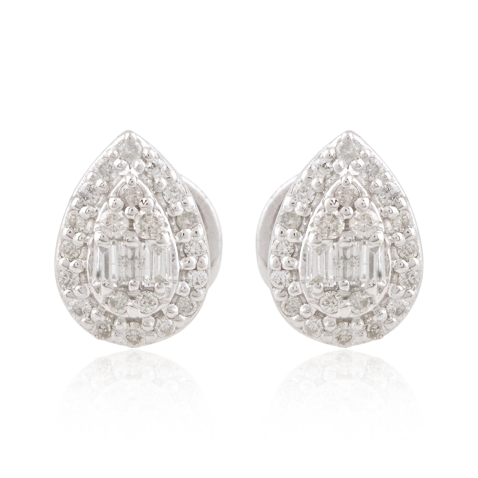 Modern SI Clarity HI Color Baguette Diamond Pear Fine Stud Earrings 10 Karat White Gold For Sale