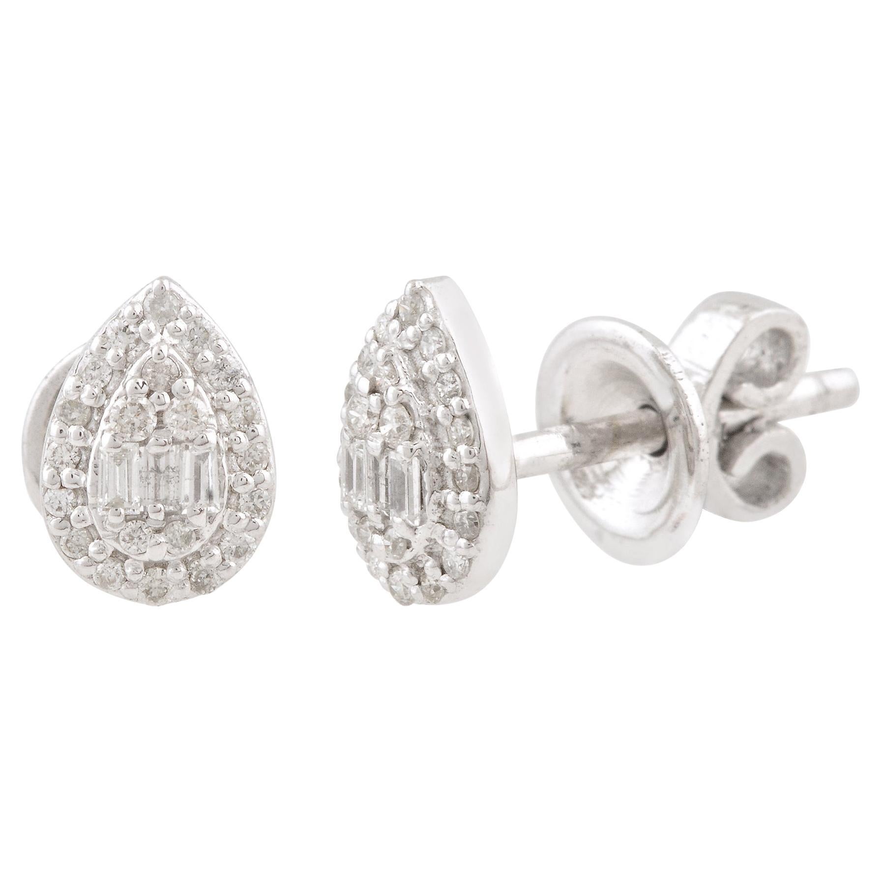 SI Clarity HI Color Baguette Diamond Pear Fine Stud Earrings 10 Karat White Gold