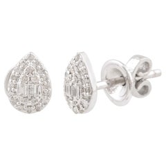 SI Clarity HI Color Baguette Diamond Pear Fine Stud Earrings 10 Karat White Gold