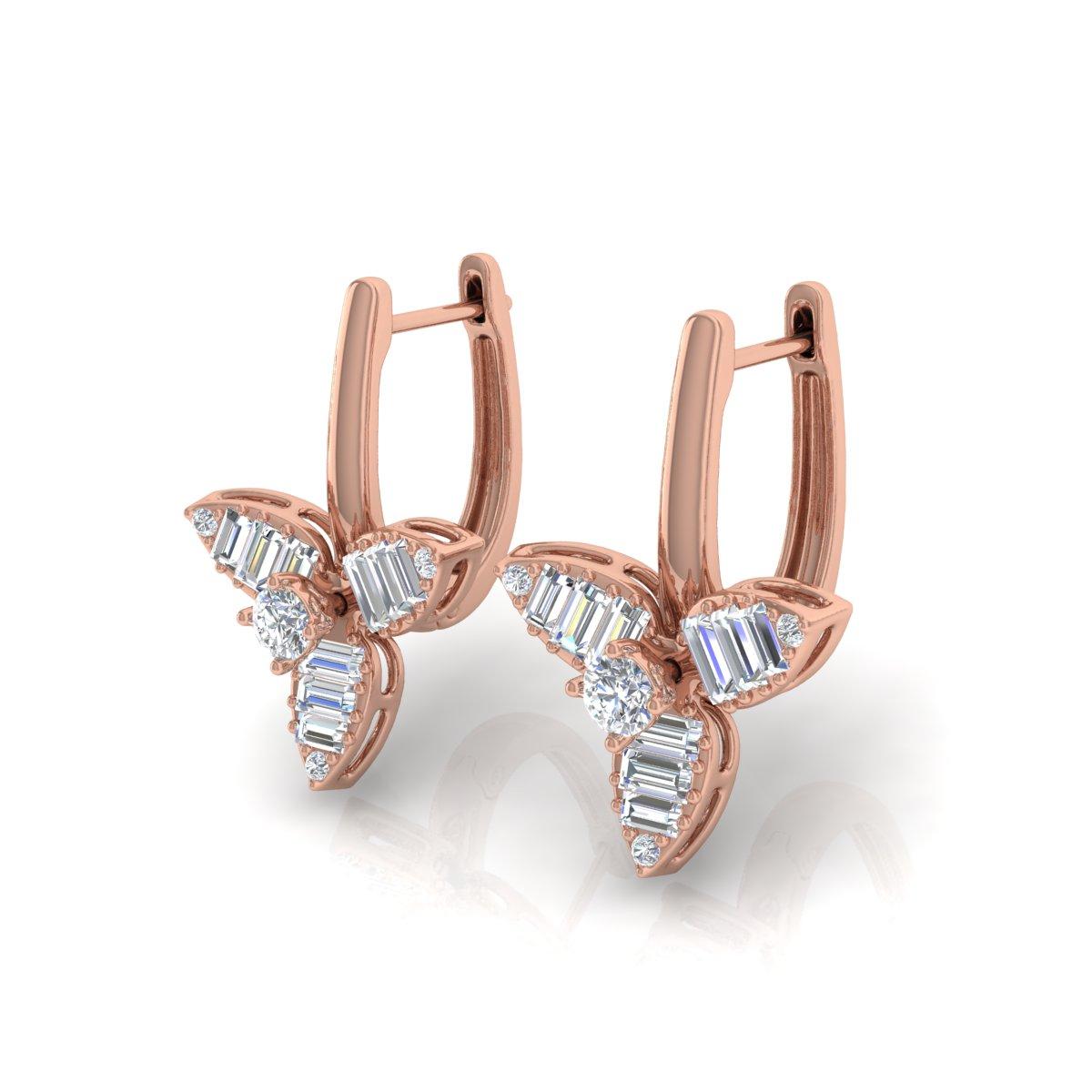 Modern SI Clarity HI Color Baguette Diamond Petal Flower Earrings Solid 14k Rose Gold For Sale