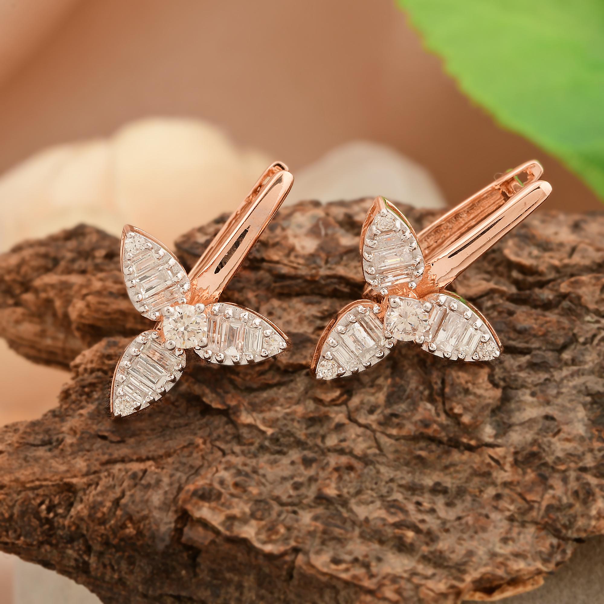 SI Clarity HI Color Baguette Diamond Petal Flower Earrings Solid 14k Rose Gold For Sale 1