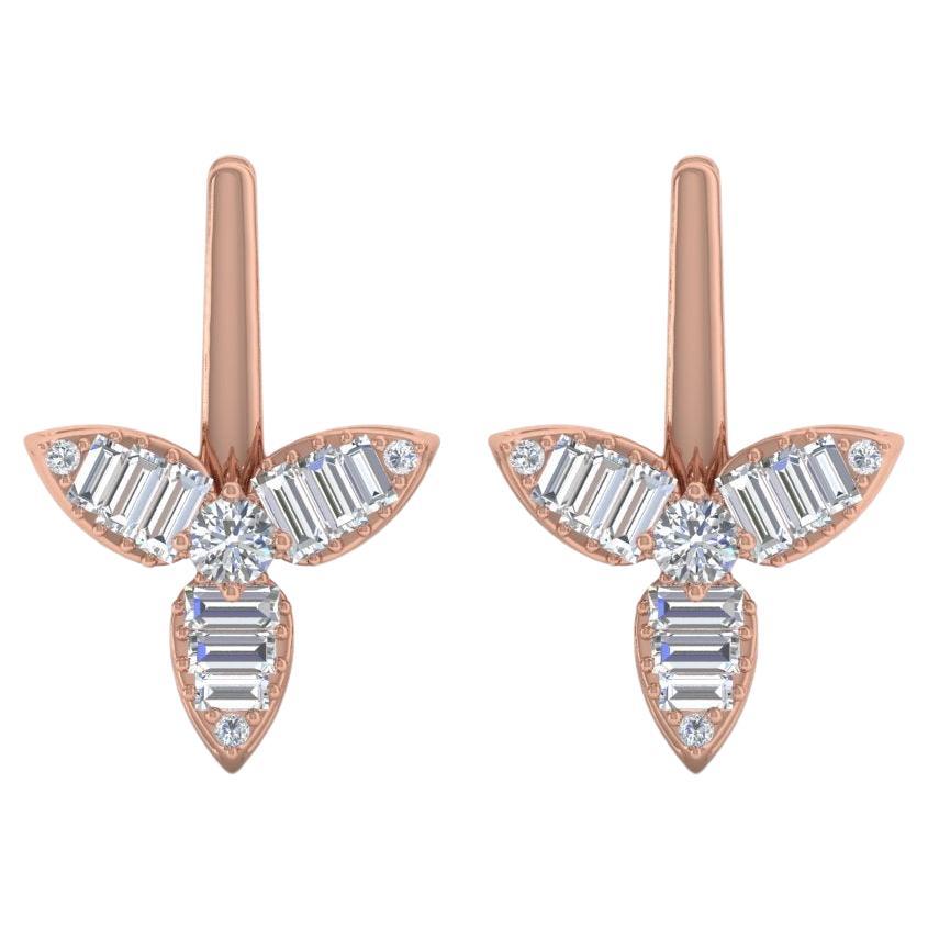 SI Clarity HI Color Baguette Diamond Petal Flower Earrings Solid 14k Rose Gold For Sale