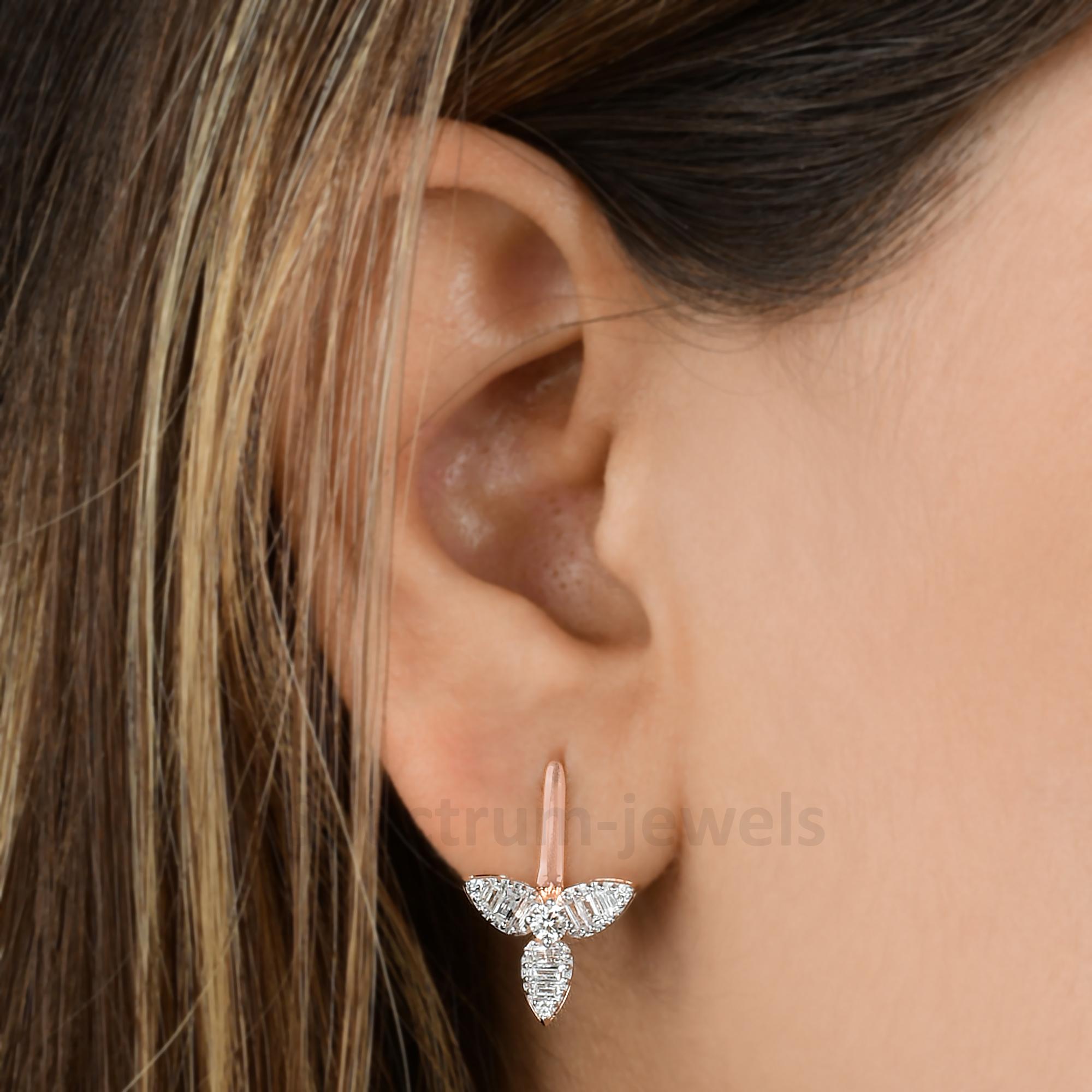 Modern SI Clarity HI Color Baguette Diamond Petal Flower Earrings Solid 18k Rose Gold For Sale