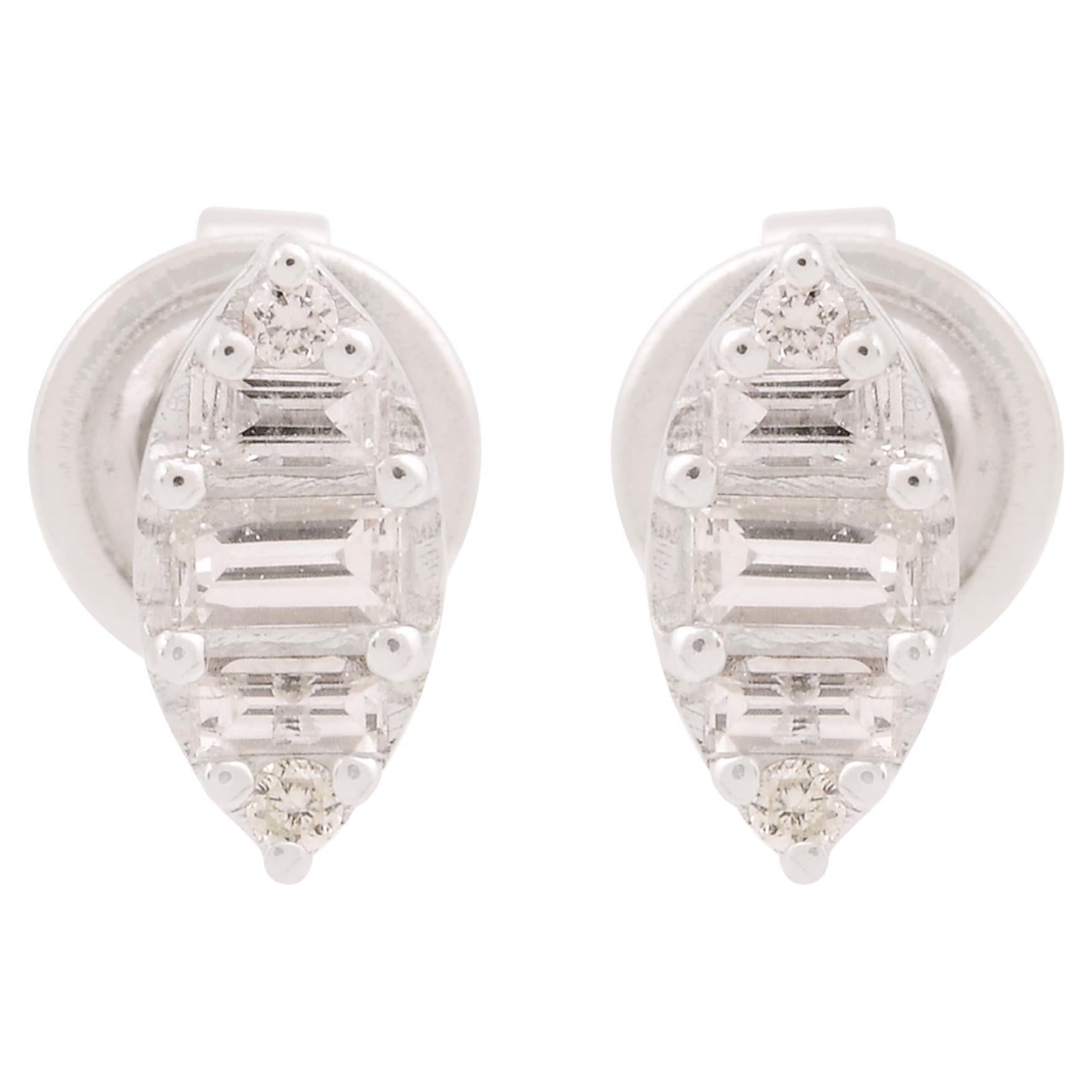 SI Clarity HI Color Baguette Diamond Stud Earrings 10 Karat White Gold Jewelry For Sale