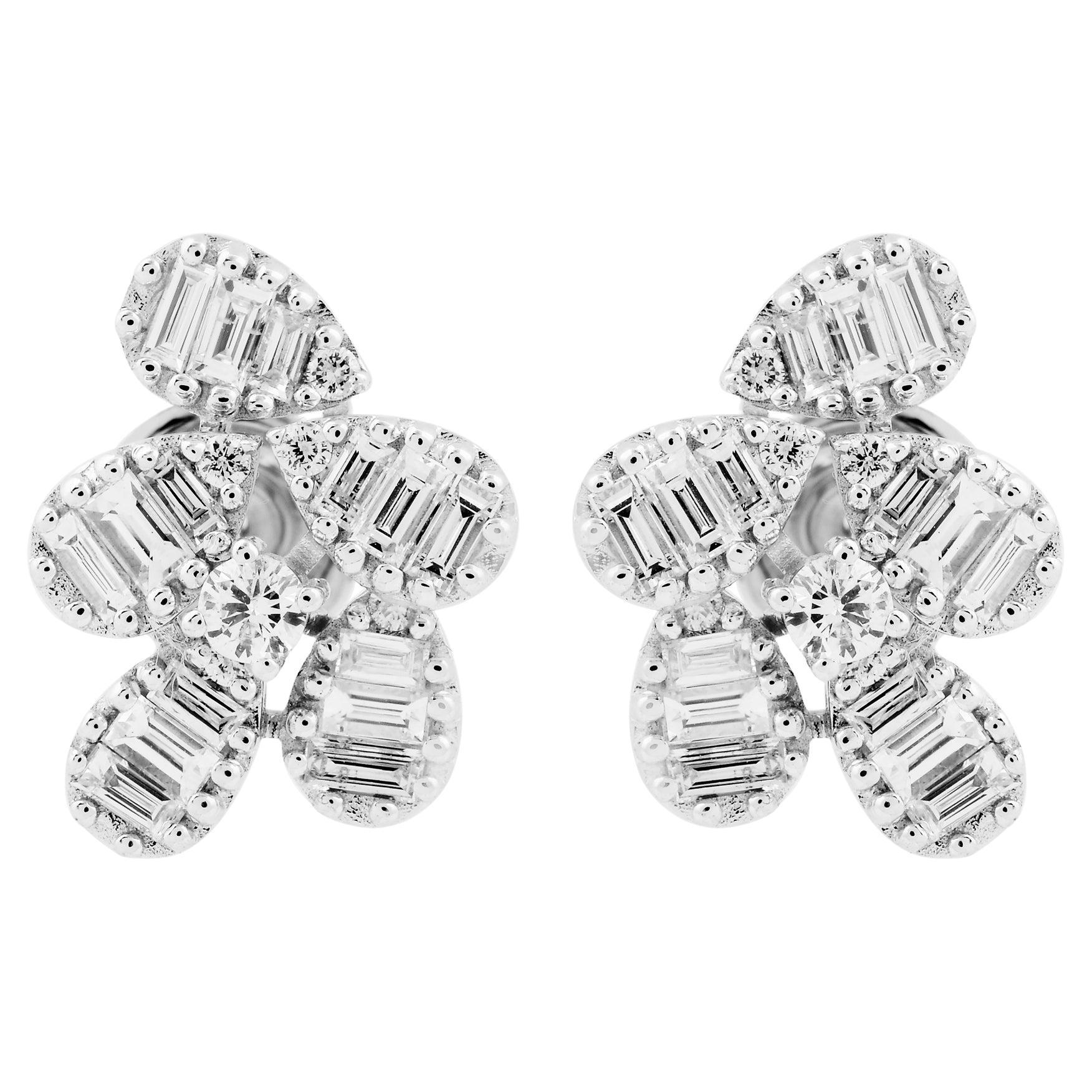 SI Clarity HI Color Baguette Diamond Stud Earrings Solid 14k White Gold Jewelry
