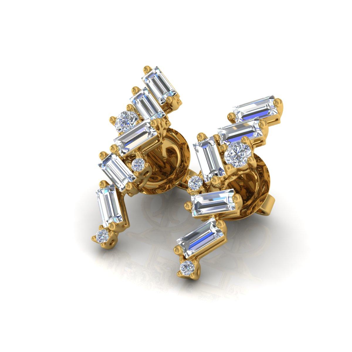 Baguette Cut SI Clarity HI Color Baguette Round Brillant Cut Diamond Earrings 14k Yellow Gold For Sale