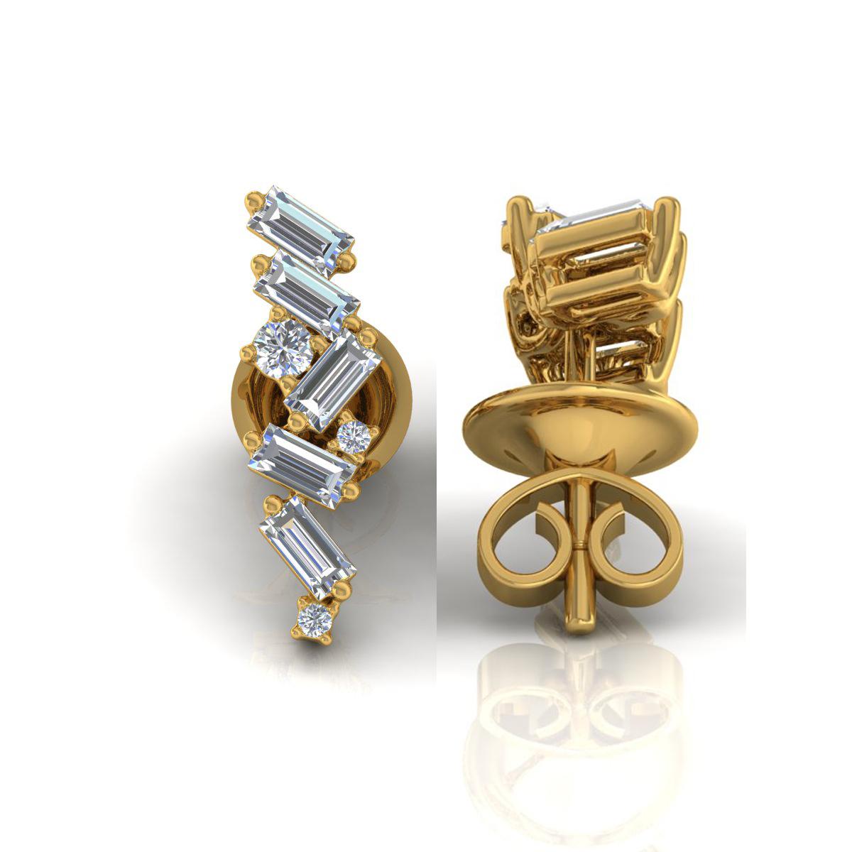 SI Clarity HI Color Baguette Round Brillant Cut Diamond Earrings 18k Yellow Gold In New Condition For Sale In Diera, Dubai
