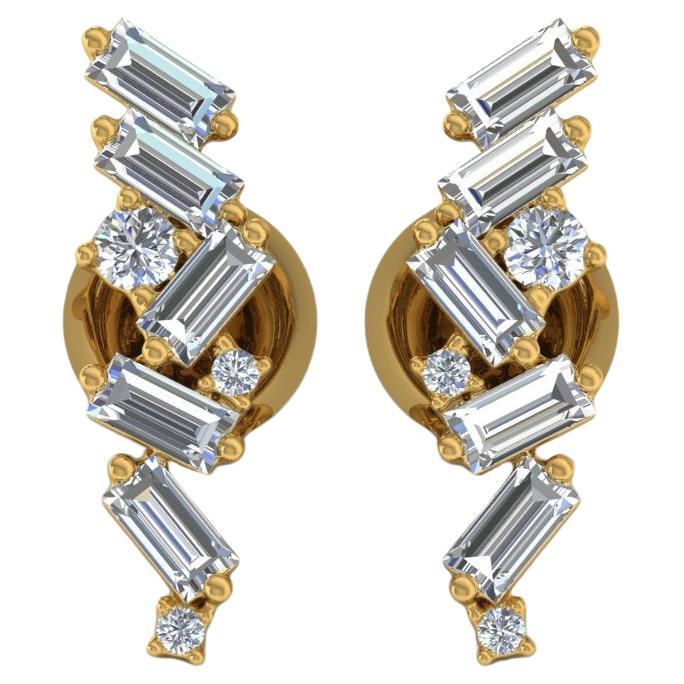 SI Clarity HI Color Baguette Round Brillant Cut Diamond Earrings 18k Yellow Gold For Sale