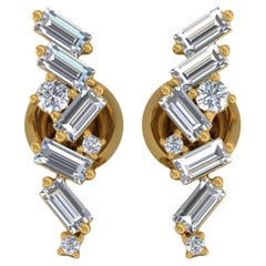 SI Clarity HI Color Baguette Round Brillant Cut Diamond Earrings 18k Yellow Gold