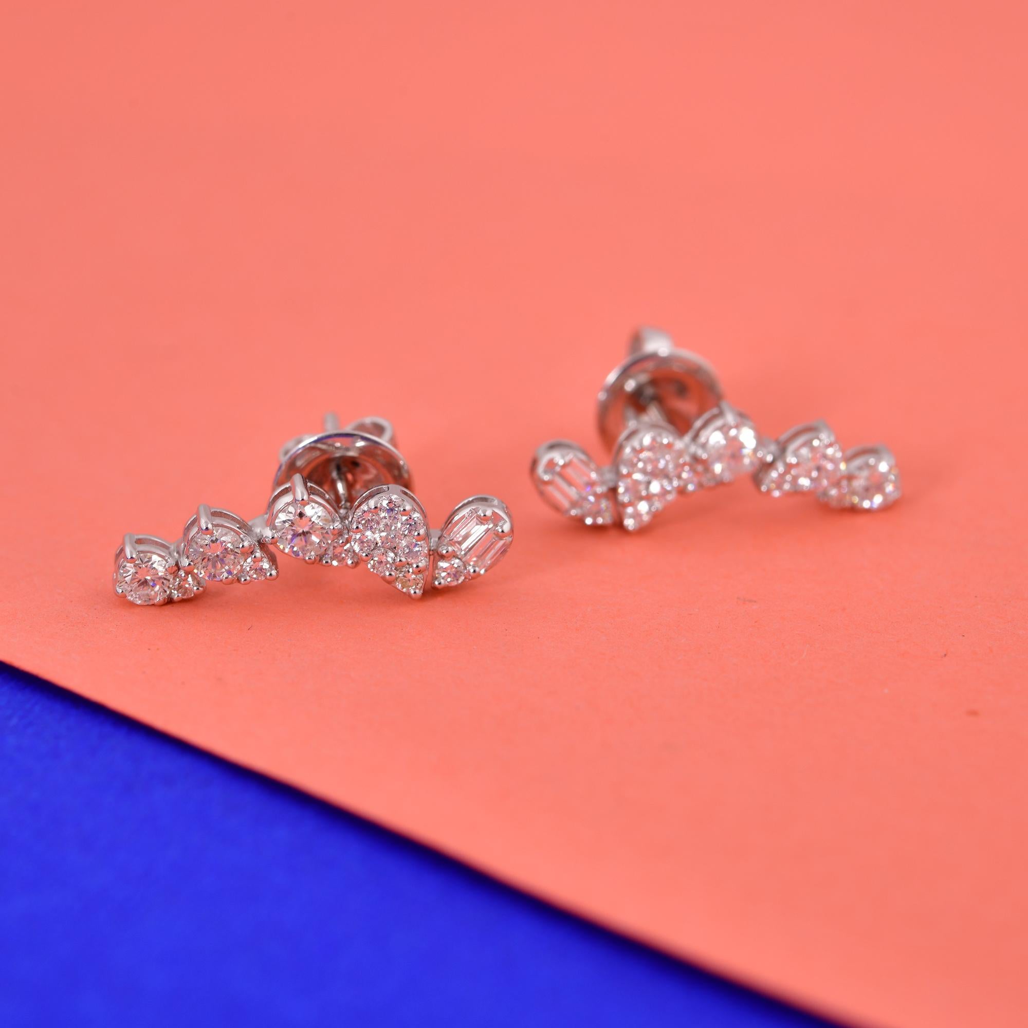 Modern SI Clarity HI Color Baguette Round Diamond Climber Earrings 14 Karat White Gold For Sale