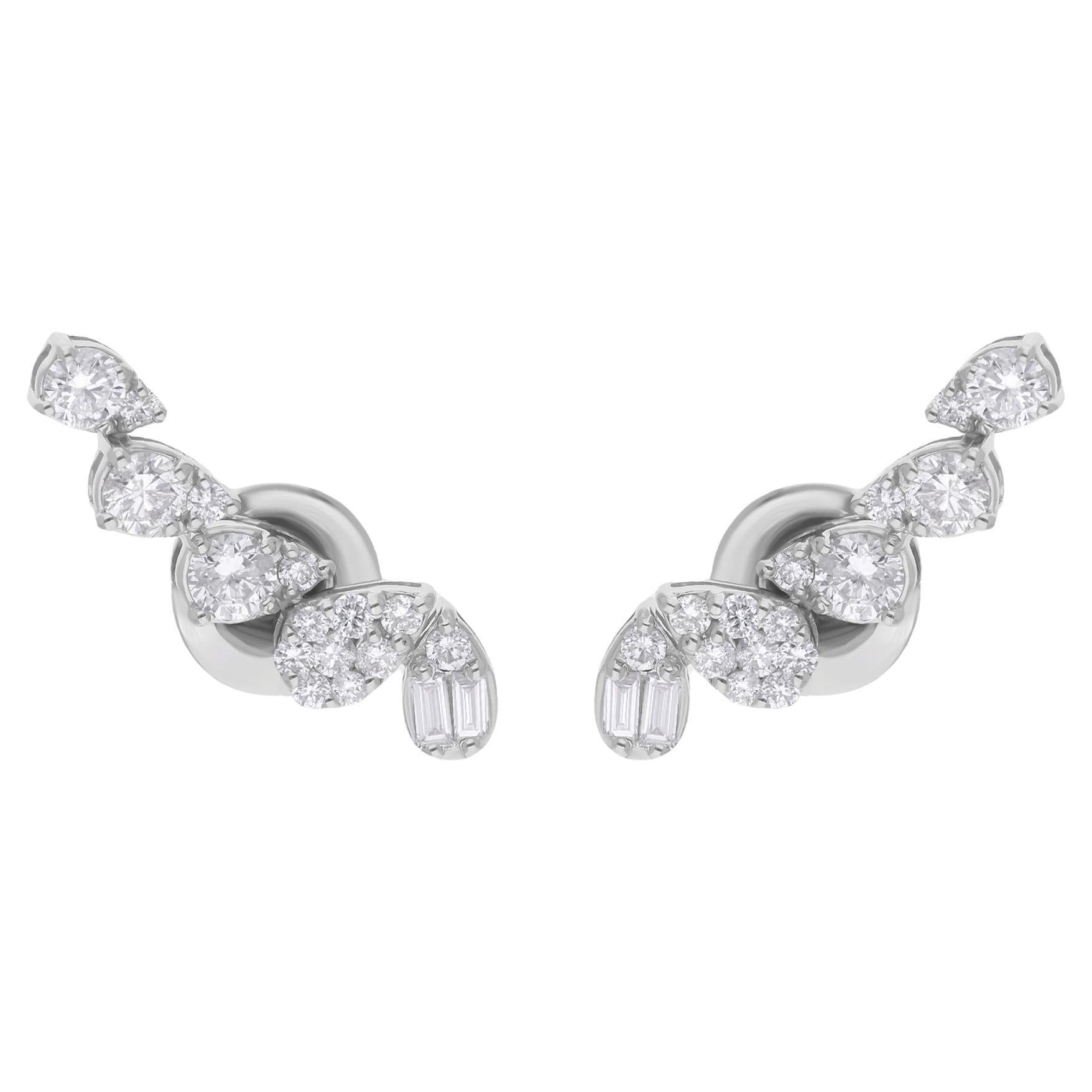 SI Clarity HI Color Baguette Round Diamond Climber Earrings 14 Karat White Gold For Sale