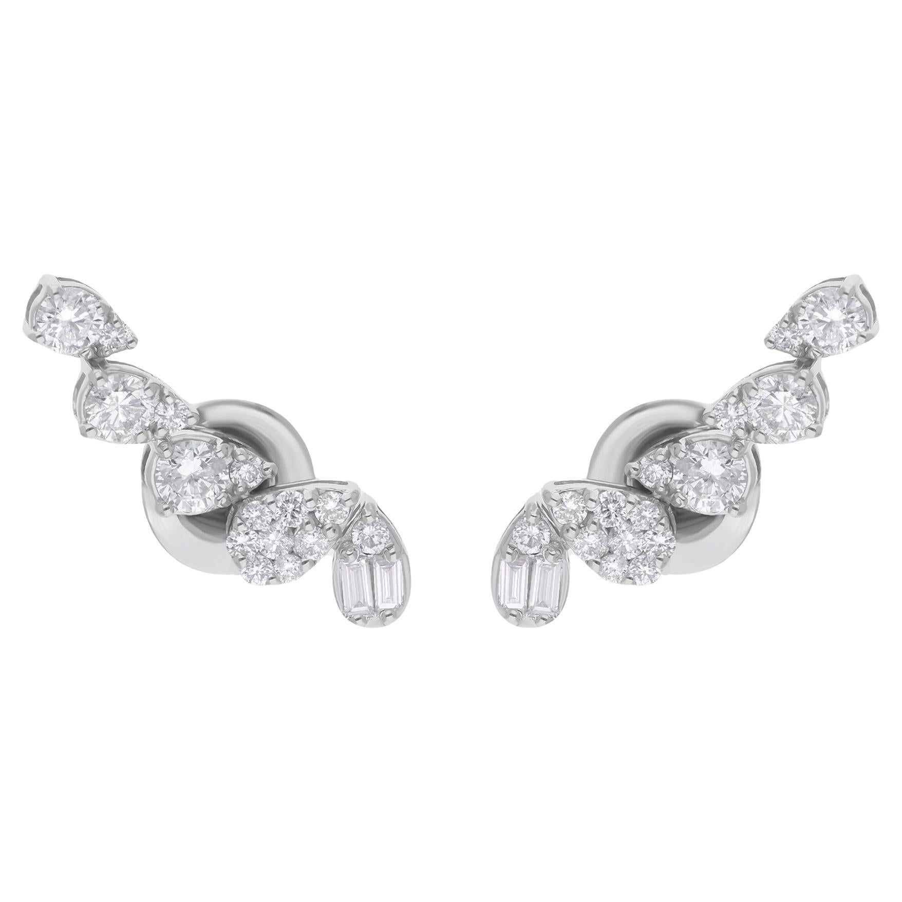 SI Clarity HI Color Baguette Round Diamond Climber Earrings 14 Karat White Gold