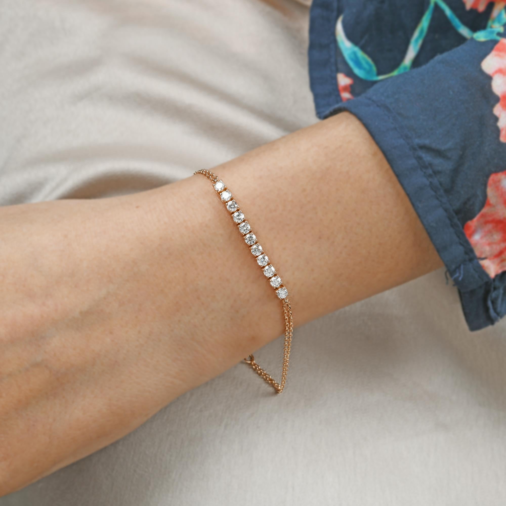 SI Clarity HI Color Diamond Bar Heart Charm Adjustable Bracelet 14 Kt Rose Gold In New Condition For Sale In Diera, Dubai