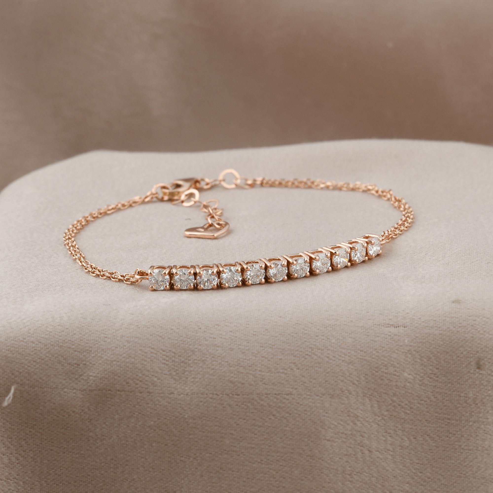 Taille ronde SI Clarity HI Color Diamant Bar Charm Coeur Bracelet ajustable en or rose 18 carats en vente