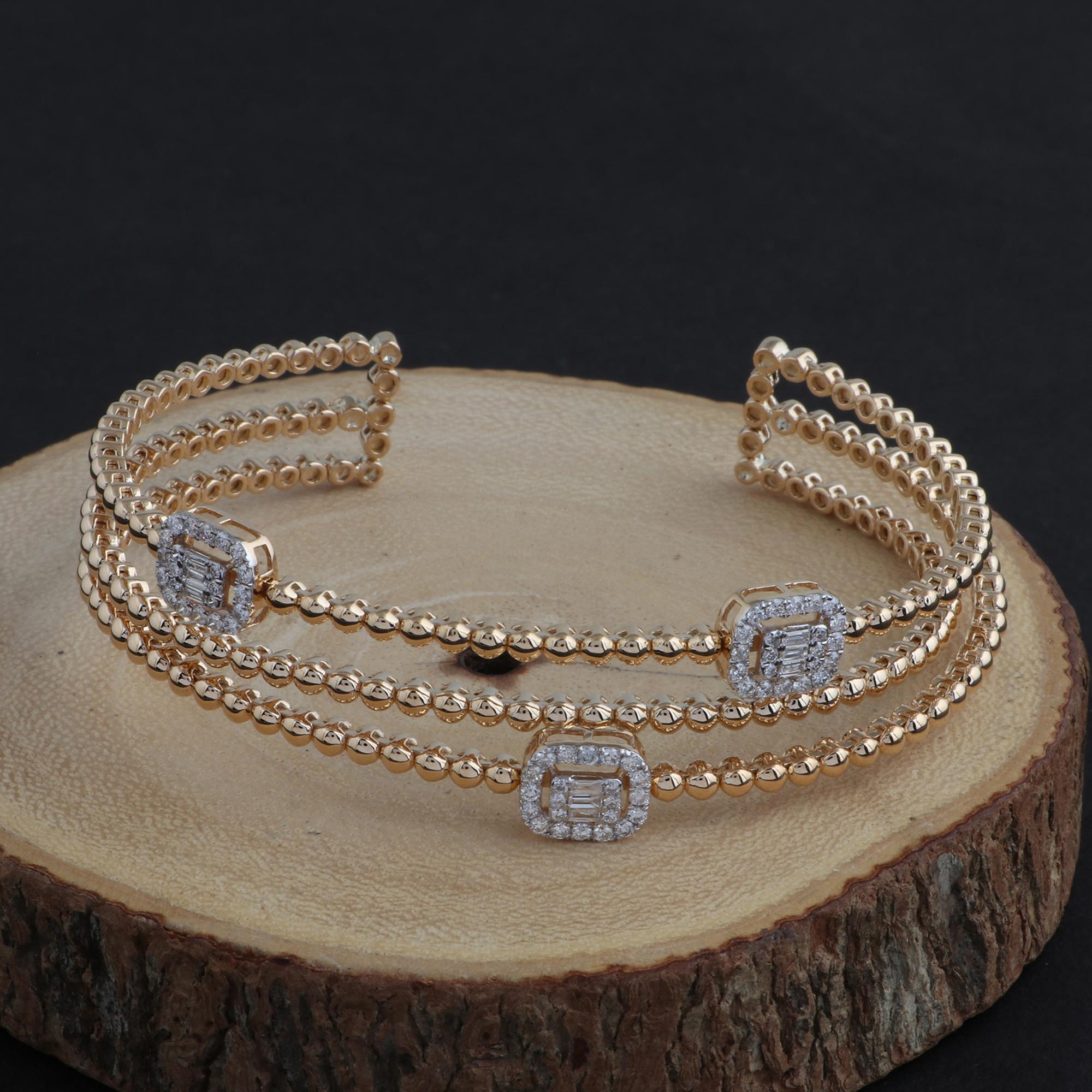 Moderne SI Clarity HI Color Diamond Beaded Cuff Bangle Bracelet or jaune 18 carats en vente