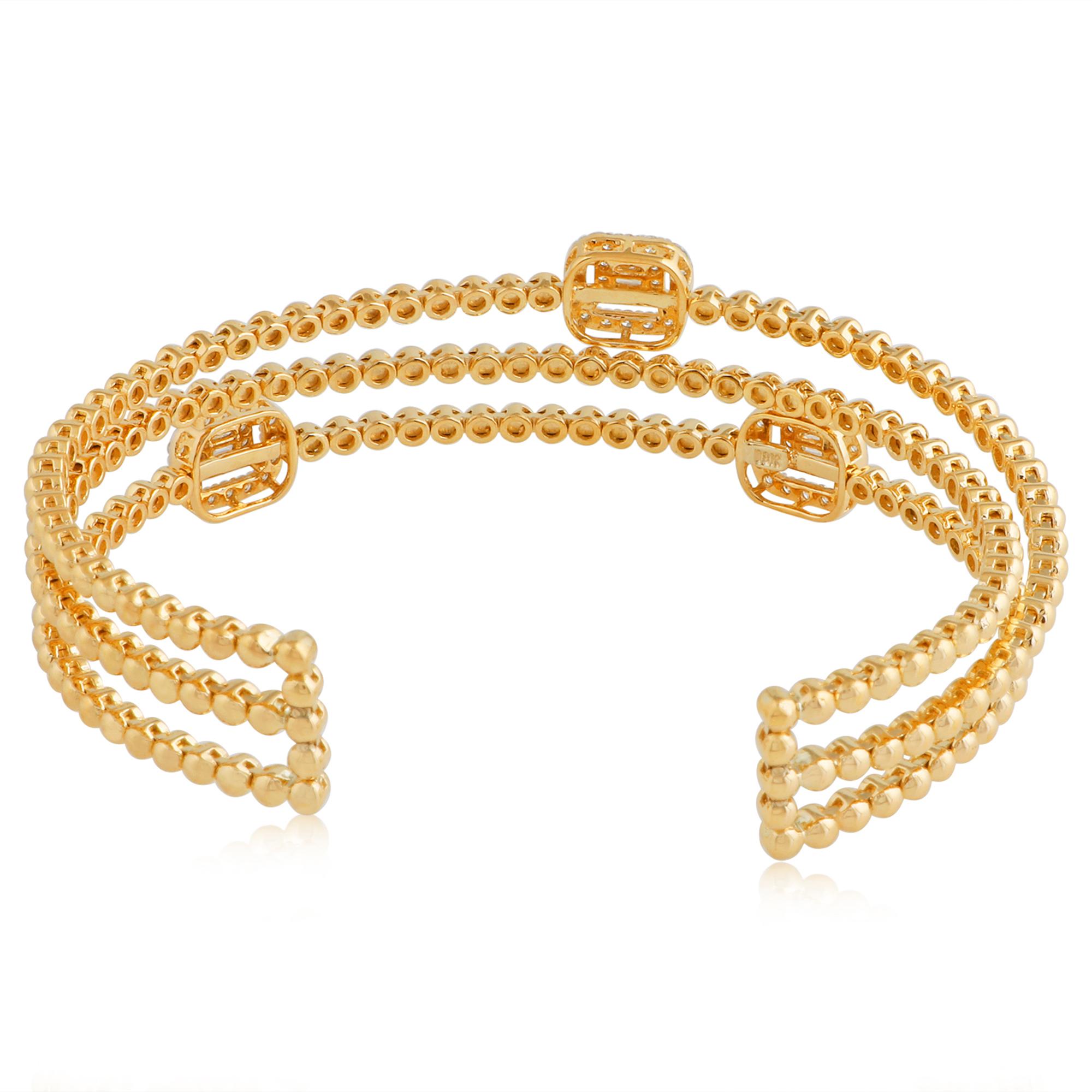 Baguette Cut SI Clarity HI Color Diamond Beaded Cuff Bangle Bracelet 18 Karat Yellow Gold For Sale