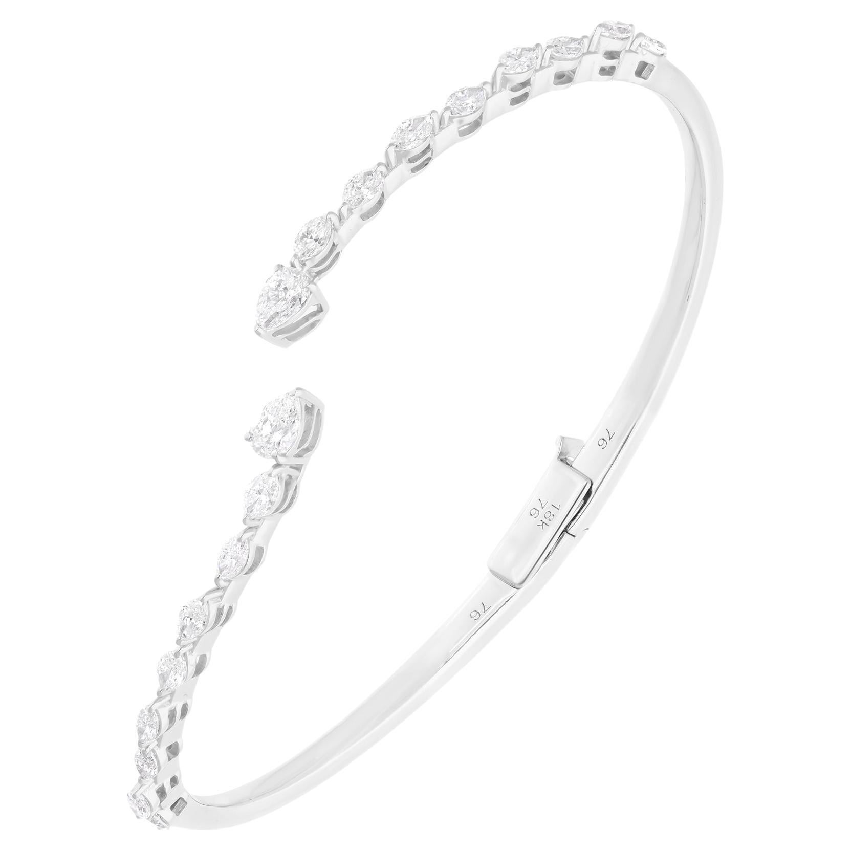 SI Clarity HI Color Diamond Cuff Bangle Bracelet 18 Karat White Gold 1.35 Ct.