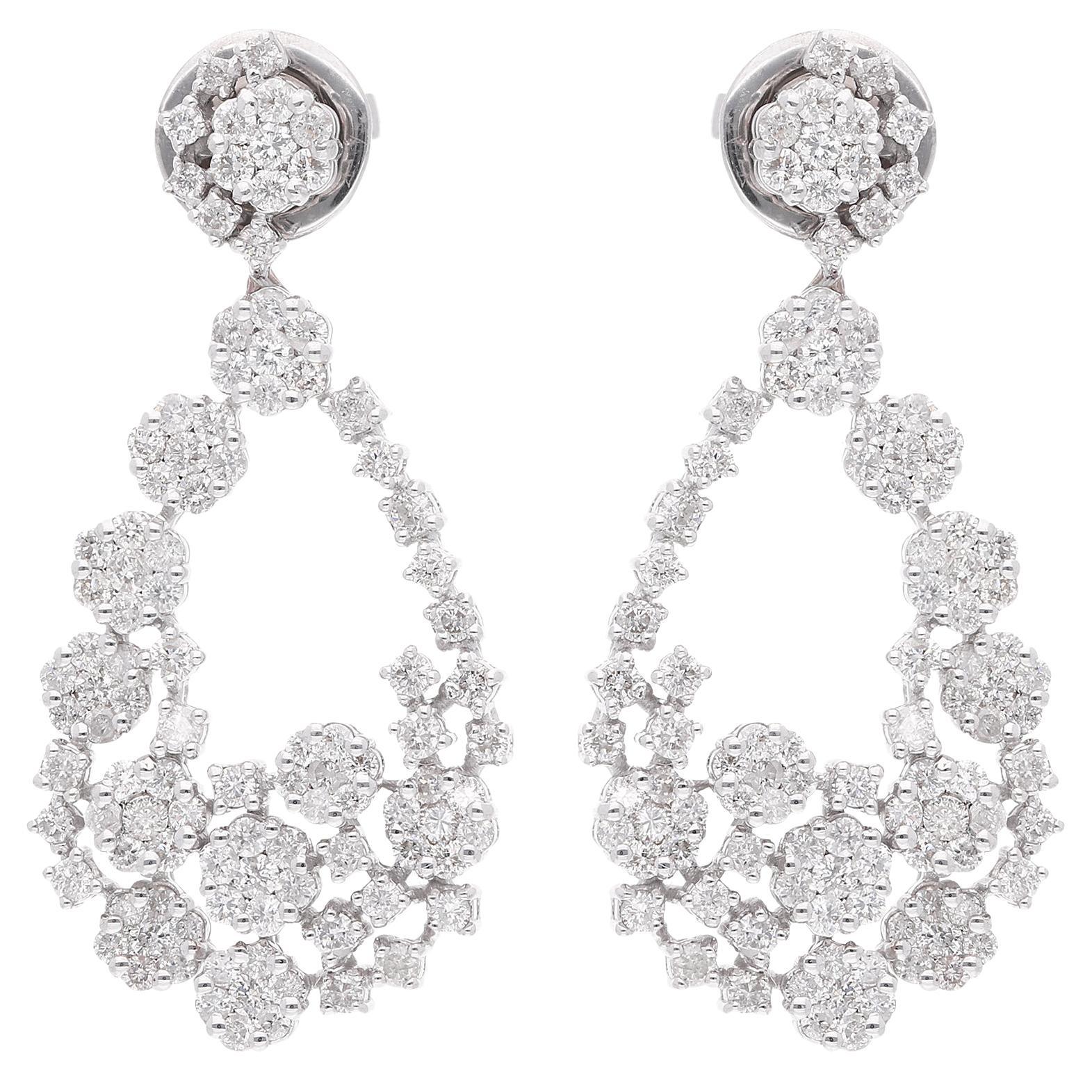 SI Clarity HI Color Diamond Dangle Earrings 18 Karat White Gold Handmade Jewelry
