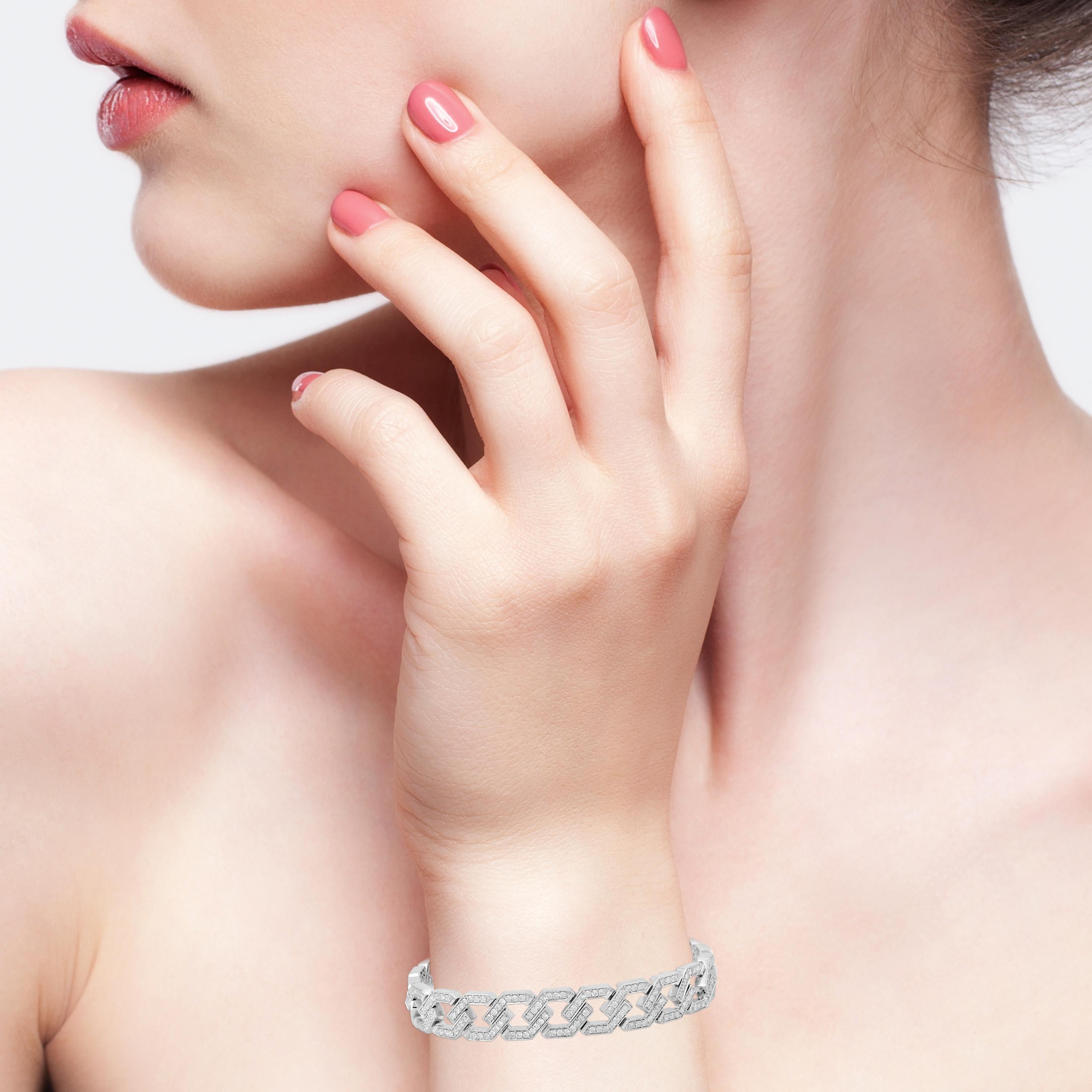 Bracelet à maillons cubains en or blanc 14 carats avec diamants naturels SI/HI Pour femmes en vente