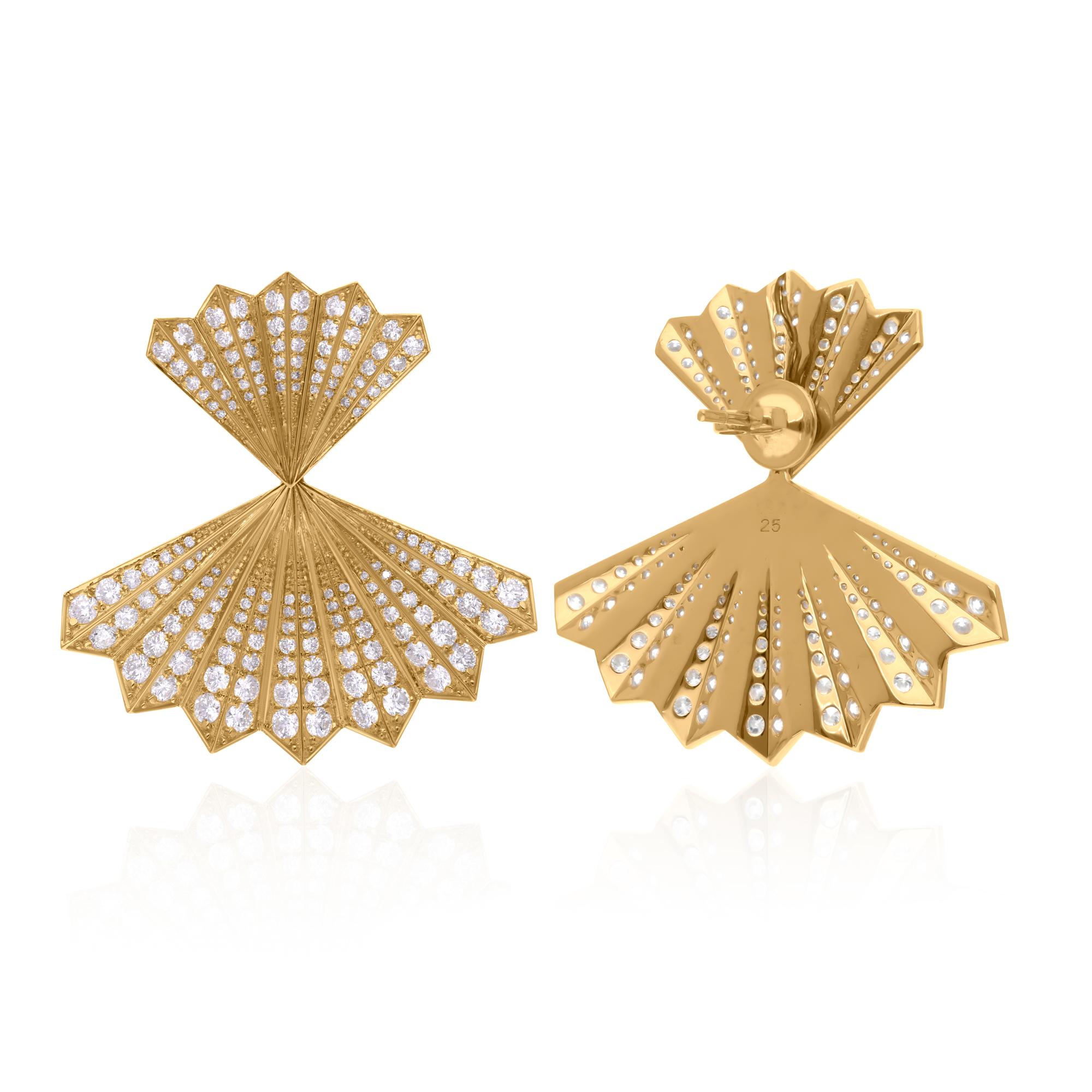Modern SI Clarity HI Color Diamond Double Fan Jacket Fine Earrings 14 Karat Yellow Gold For Sale