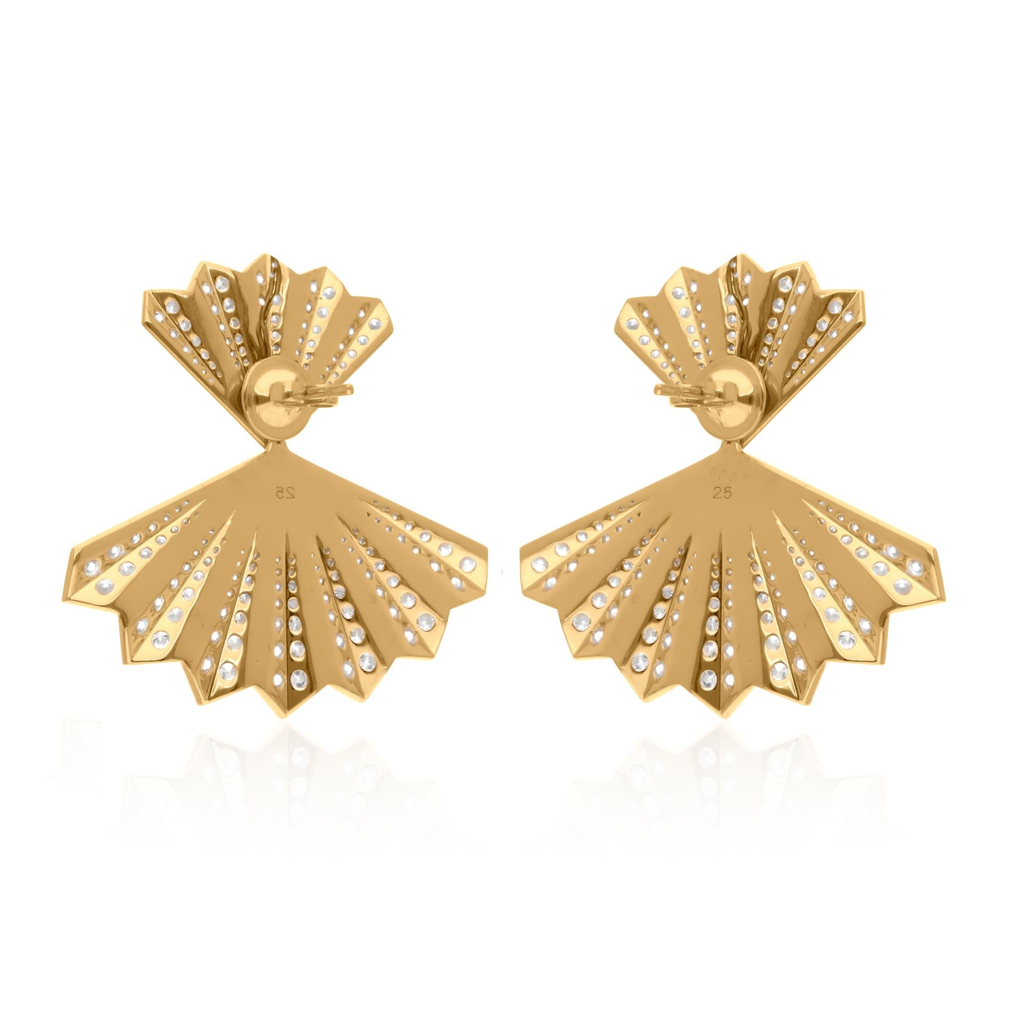 Round Cut SI Clarity HI Color Diamond Double Fan Jacket Fine Earrings 14 Karat Yellow Gold For Sale