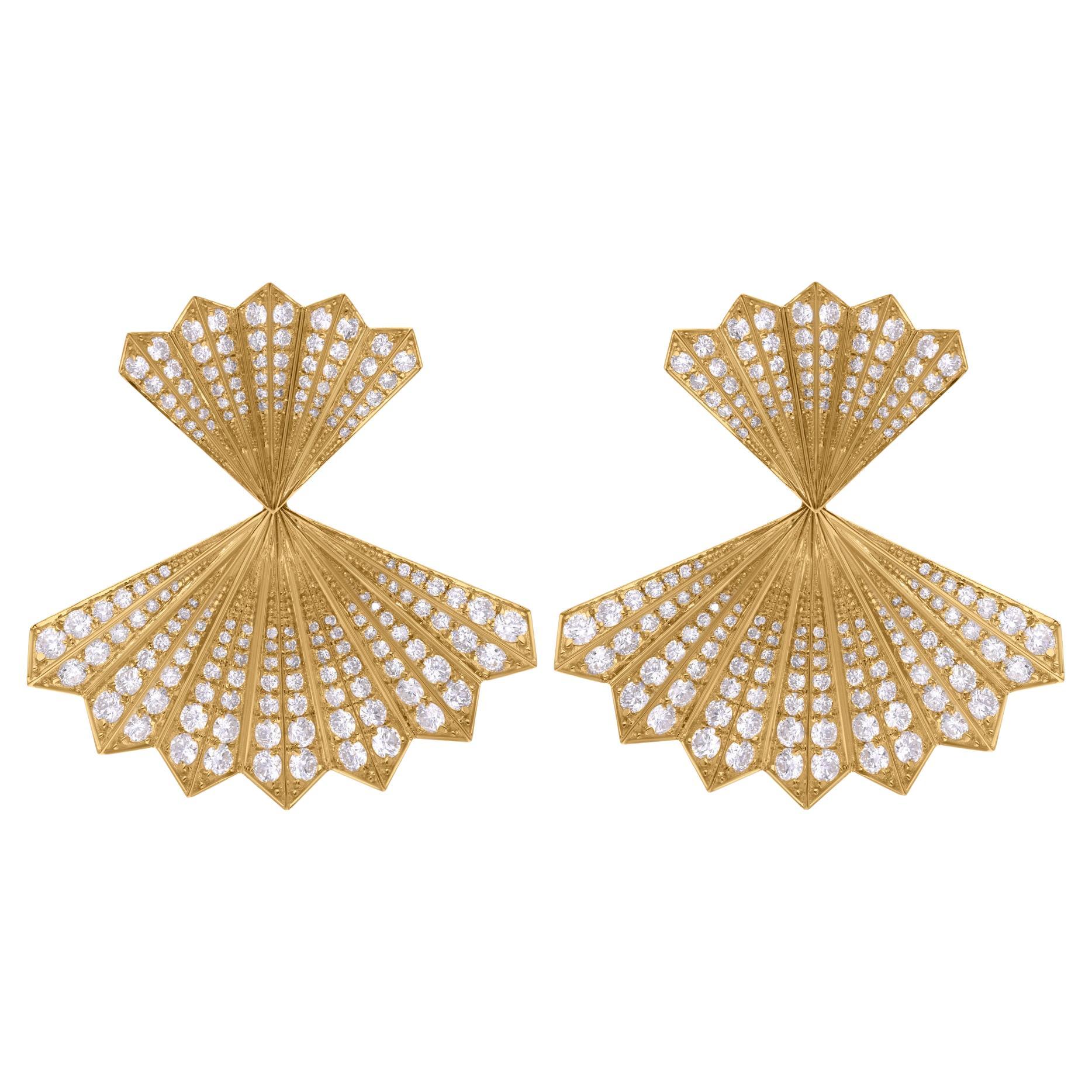 SI Clarity HI Color Diamond Double Fan Jacket Fine Earrings 18 Karat Yellow Gold For Sale