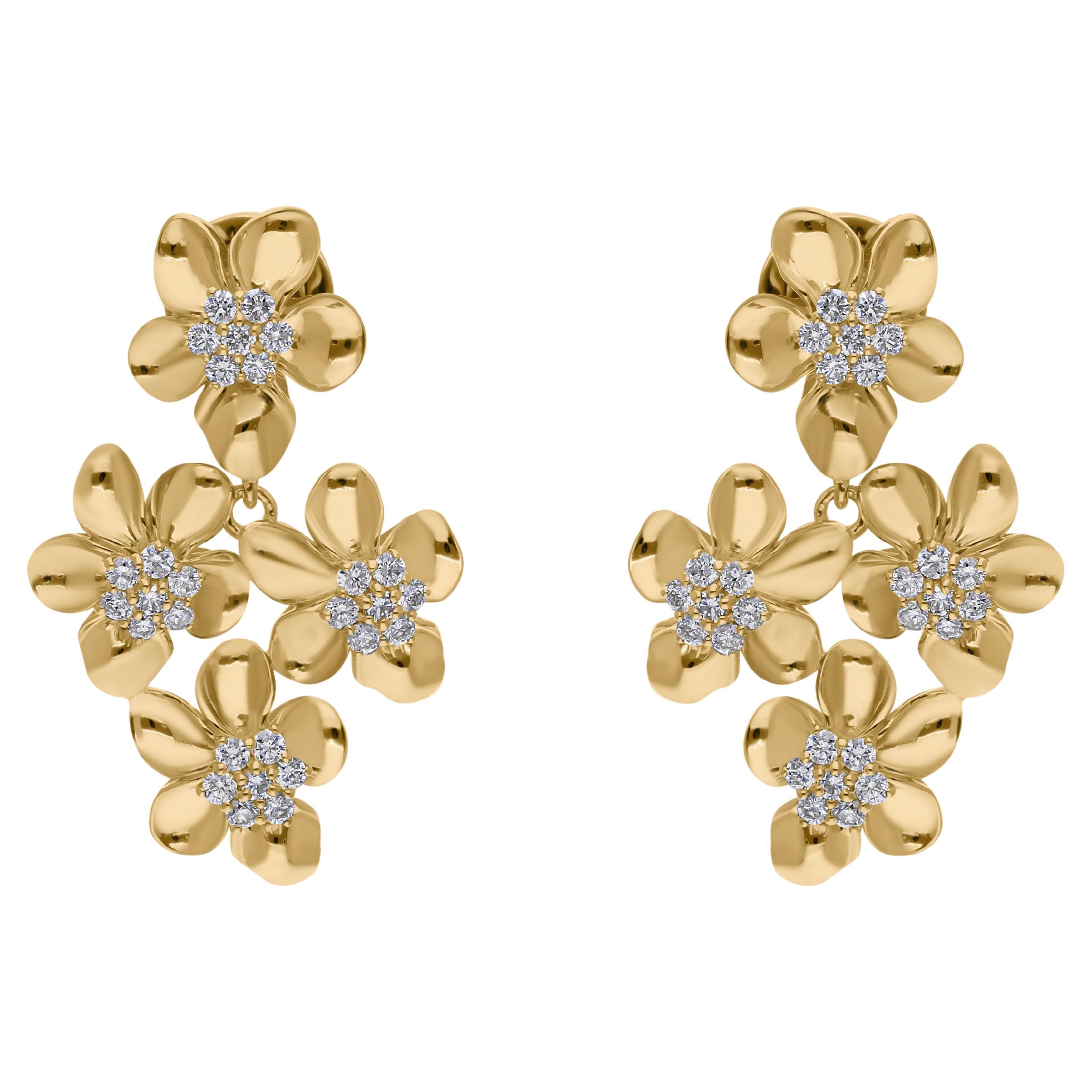SI Claridad HI Color Pendientes Colgantes Racimo Flor Diamante Oro Amarillo 14 Kilates