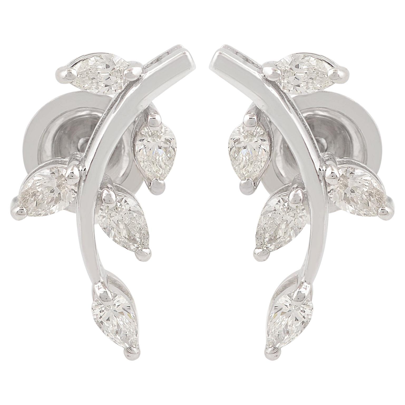 SI Clarity HI Color Diamond Leaf Shape Stud Earrings 18 Karat White Gold